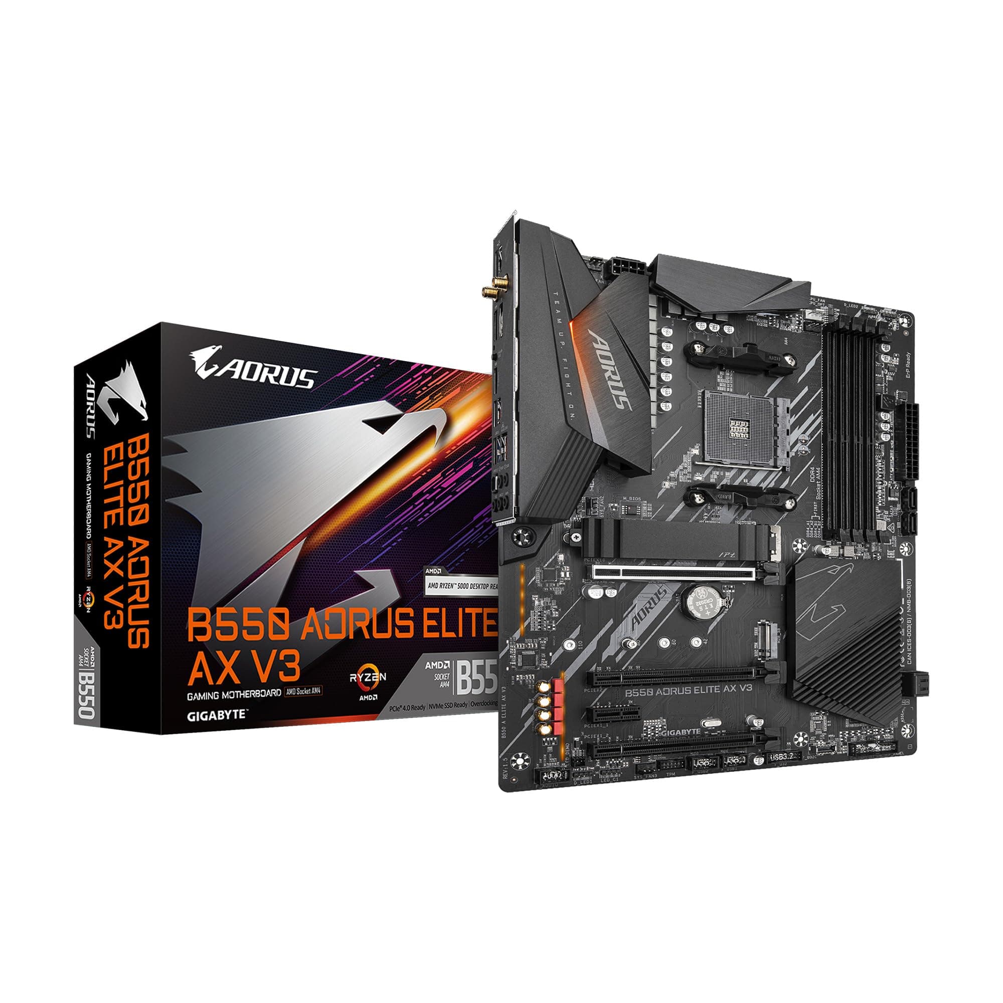 B550 AORUS Elite AX V3 AMD AM4 ATX Motherboard, Supports Ryzen 5000/4000/3000 Processors, DDR4, 12+2 Power Phase, 2X M.2, PCIe 4.0, WIFI6, 2.5 GbE LAN, Front USB-C, Q-Flash Plus, RGB Fusion