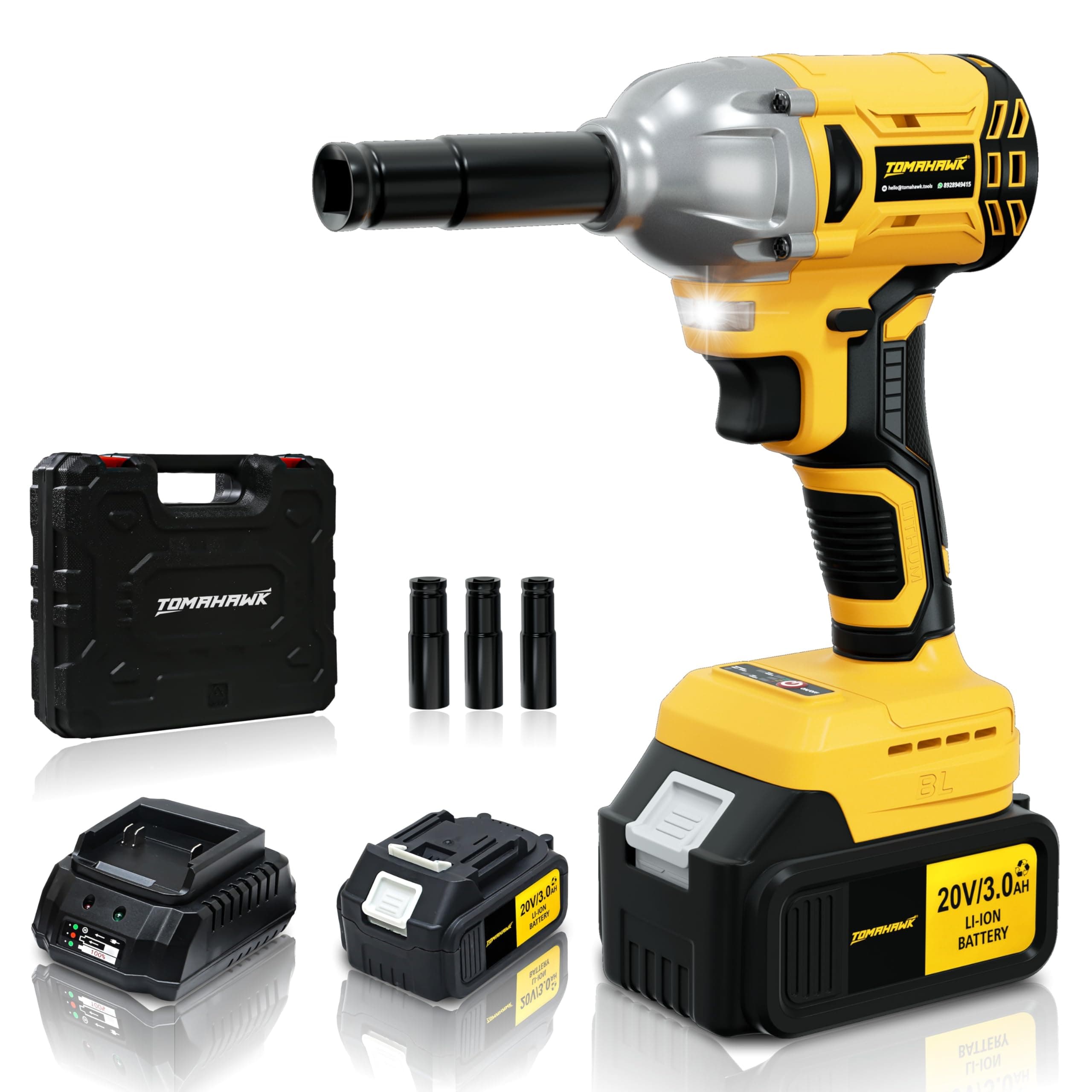 Tomahawk 20V Brushless Cordless Impact Wrench T8582, 300Nm Torque, ½” Square Drive + ¼” Hex, 2×3.0Ah Batteries, LED Light, Heavy Duty Professional Tool