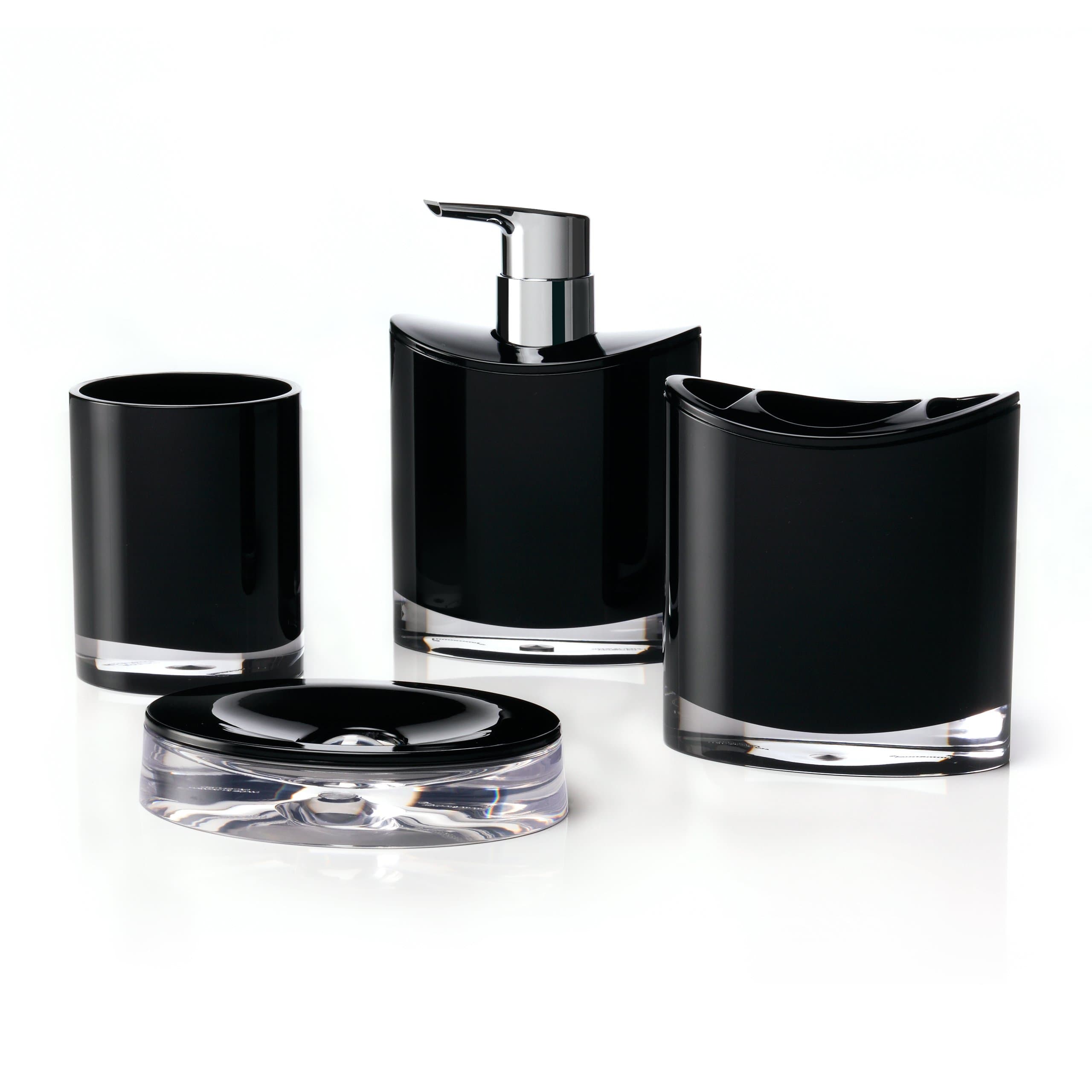 IMMANUEL Optic Designer 4-Piece Modern Black Bathroom Accessory Ensemble Set (Tumbler, Toothbrush Holder, Lotion Dispenser and Soap Dish Included), Scratch Resistant Solid Acrylic Bath Organizer