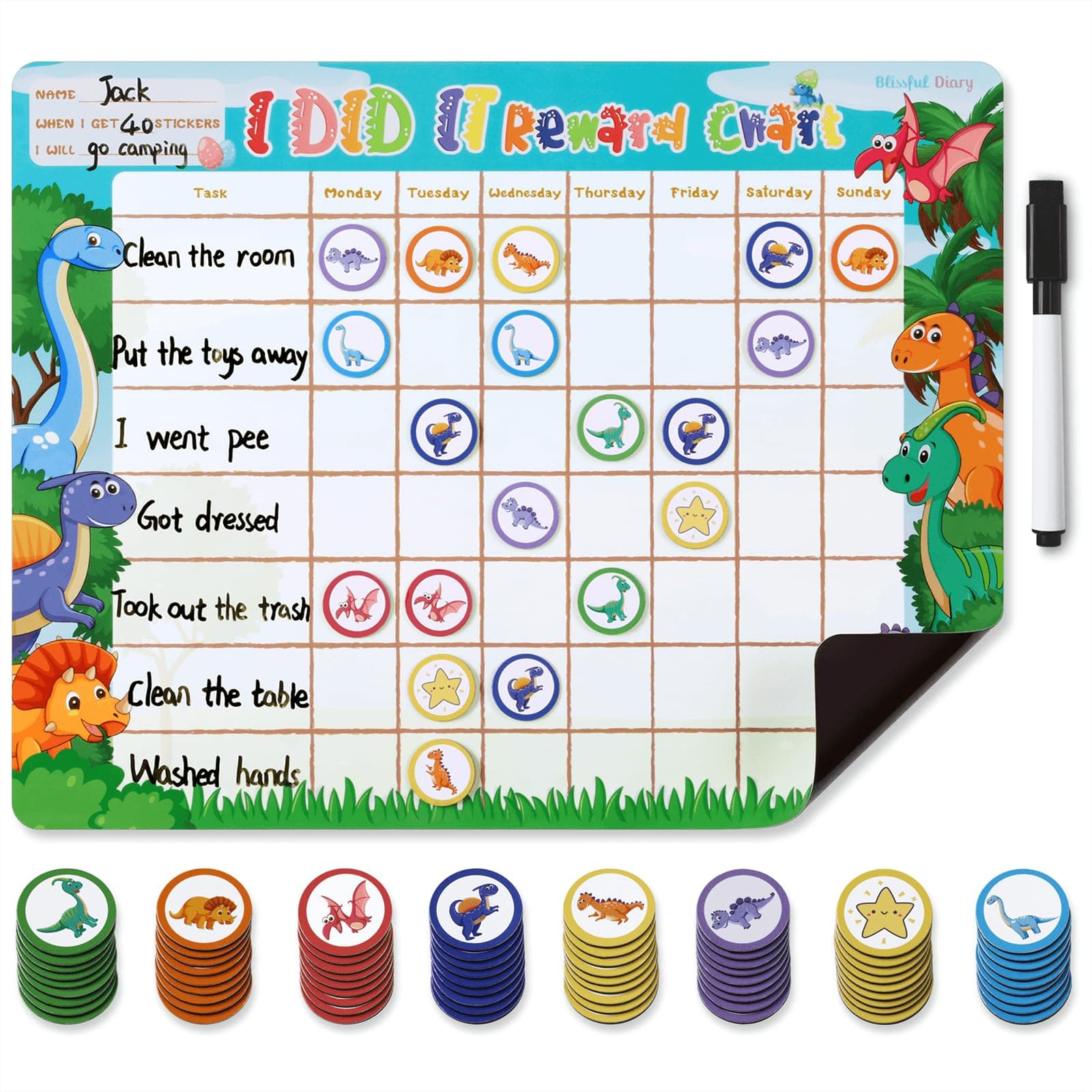 Blissful Diary Chore Chart for Kids, Magnetic Behavior Chart for Kids at Home w 72 Magnetic Stickers, Cute Dinosaur Theme Reward Chart for Toddlers, Dry Erase Responsibility Chart for Potty Training
