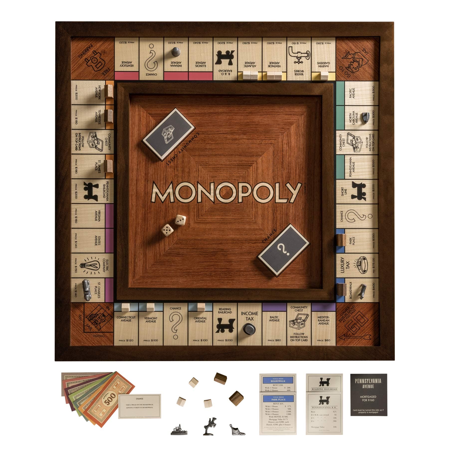 WS Game Company Monopoly Heirloom Edition – Luxury Walnut Stained Cabinet with Storage Drawer – Includes Metal Tokens, Wooden Houses, and Custom Cards – Deluxe Board Game for Adults and Families