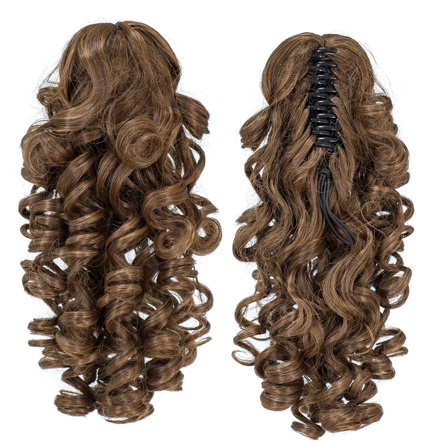 SWACC 12-Inch Short Screw Curls Claw Clip Ponytail Extensions Synthetic Clip in Drawstring Curly Ponytail Hairpiece Jaw Clip Hair Extension (Dark Brown Medium Auburn Mixed-4/30#)