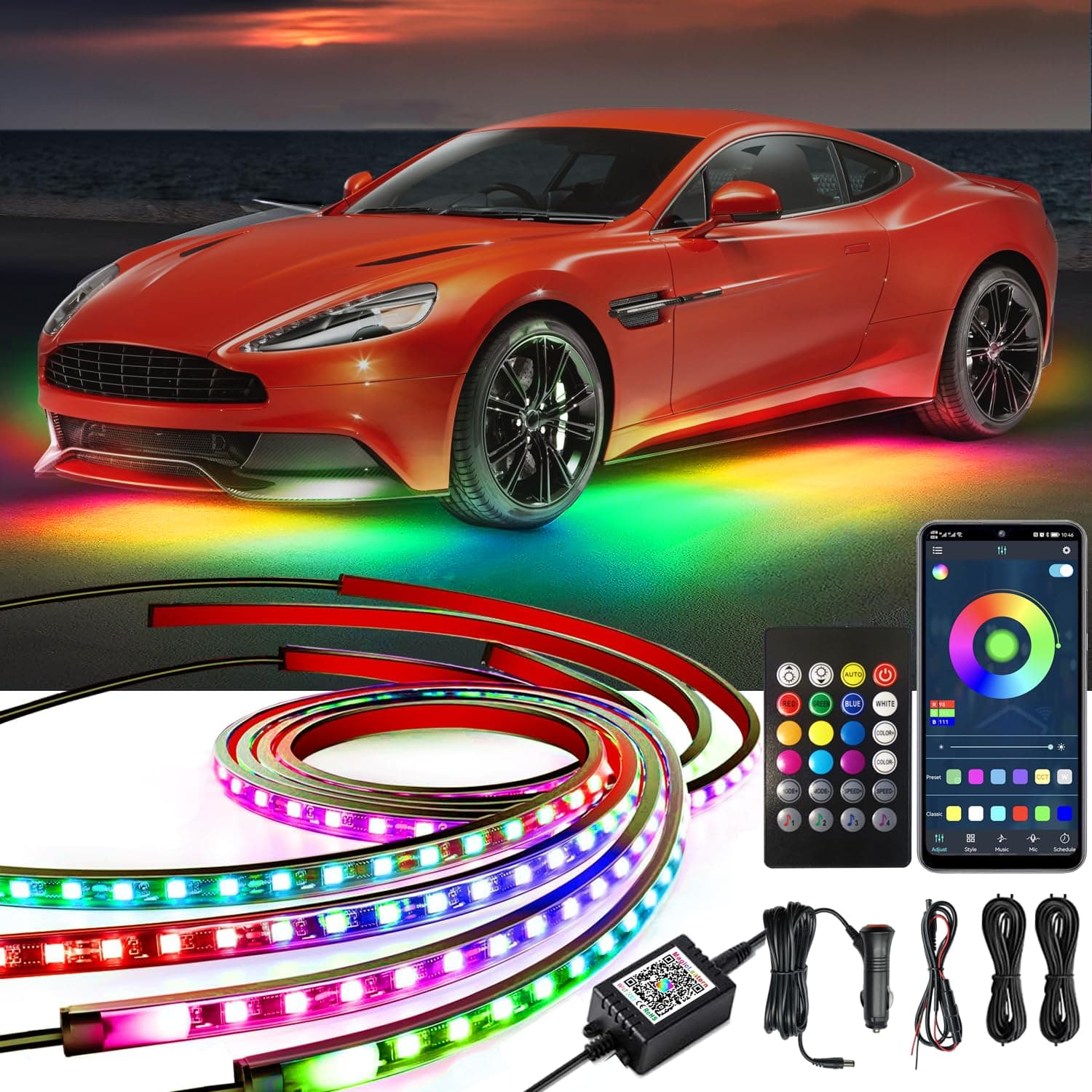 Underglow Kit, RGB-IC Under Car Lights With Dream Color Dancing Chasing, 213 Scene Modes, App and Remote Control, 5 Music Modes LED Lights for All Cars