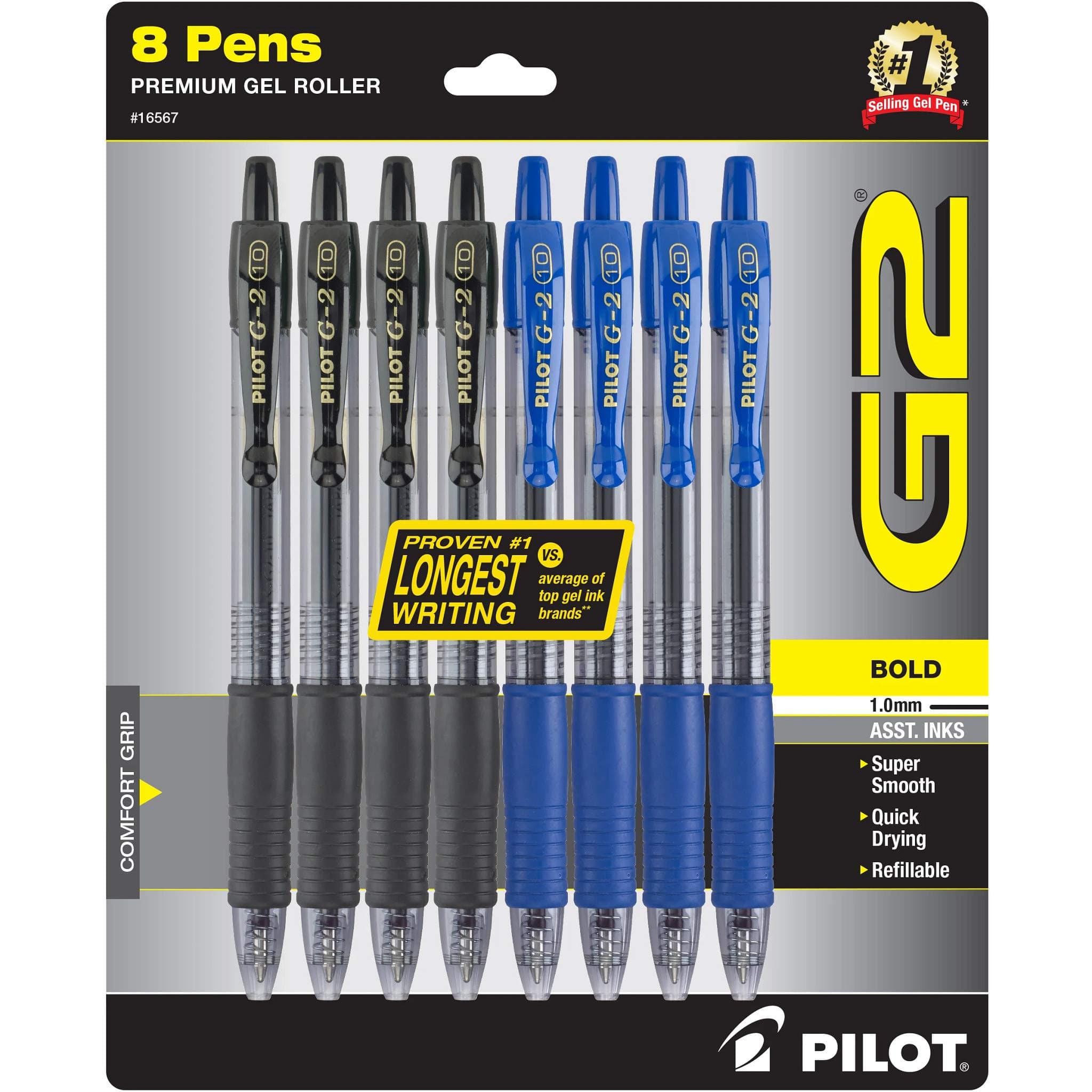 Pilot G2 Premium Refillable & Retractable Gel Ink Pens, Bold Point (1.0mm), Black/Blue, 8 Count (16567)