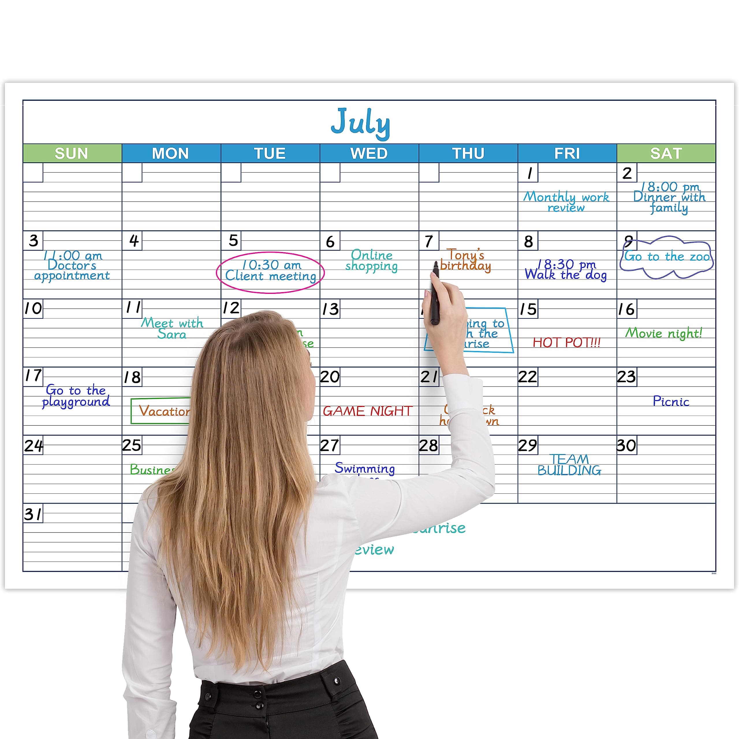 Large Dry Erase Calendar - Undated Monthly Dry Erase Calendar for Wall, 40" x 28", Erasable & Reusable Laminated Dry Erase Wall Calendar with 8 Round Stickers, Large Space for Office, School, Home