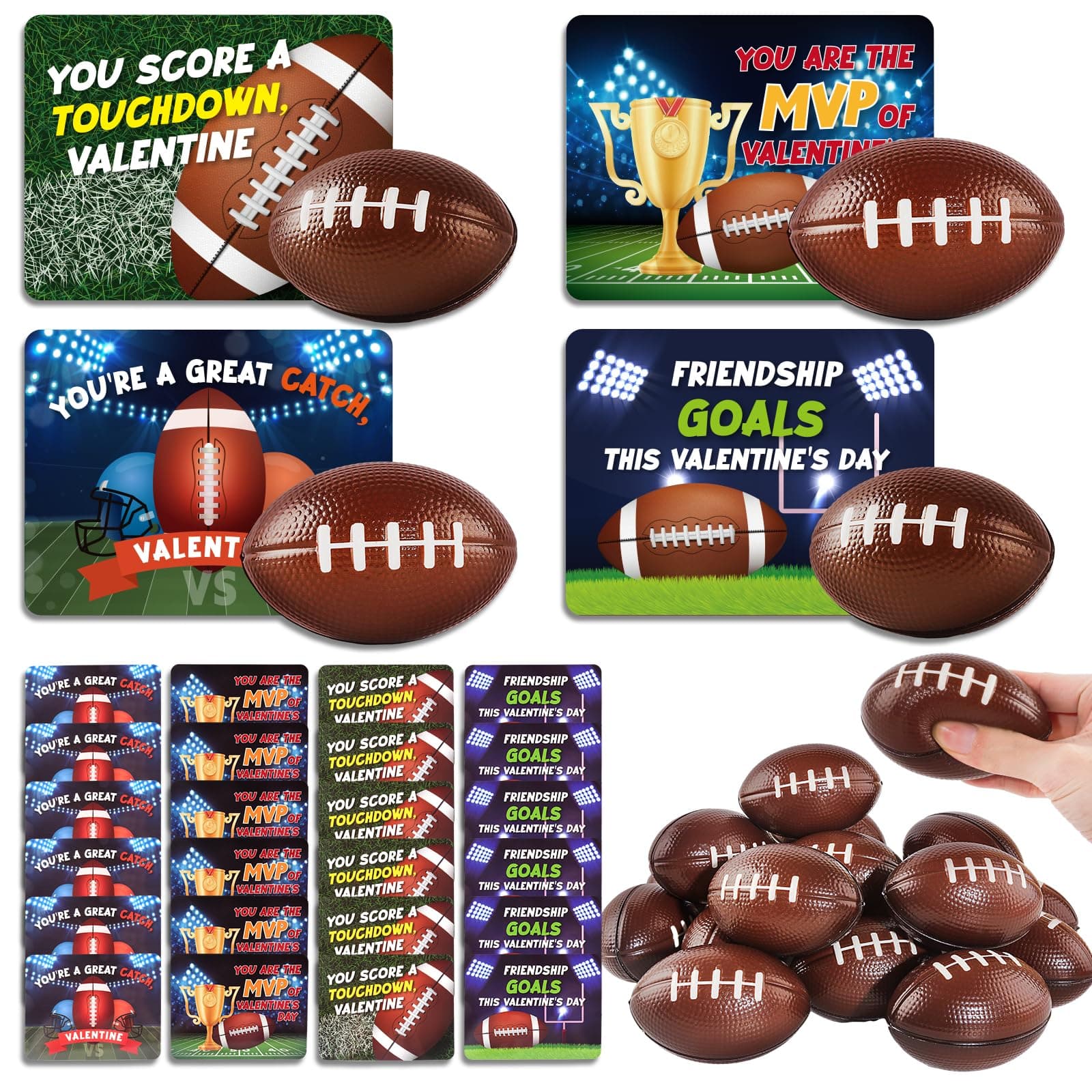 24 Pack Valentien's Day Cards for Kids, 24 Squeeze Footballs with Valentine's Exchanging Cards for School Classroom, Stress Relief Squeeze Foam Balls for Valentine's Party Favors, Valentine's Prizes