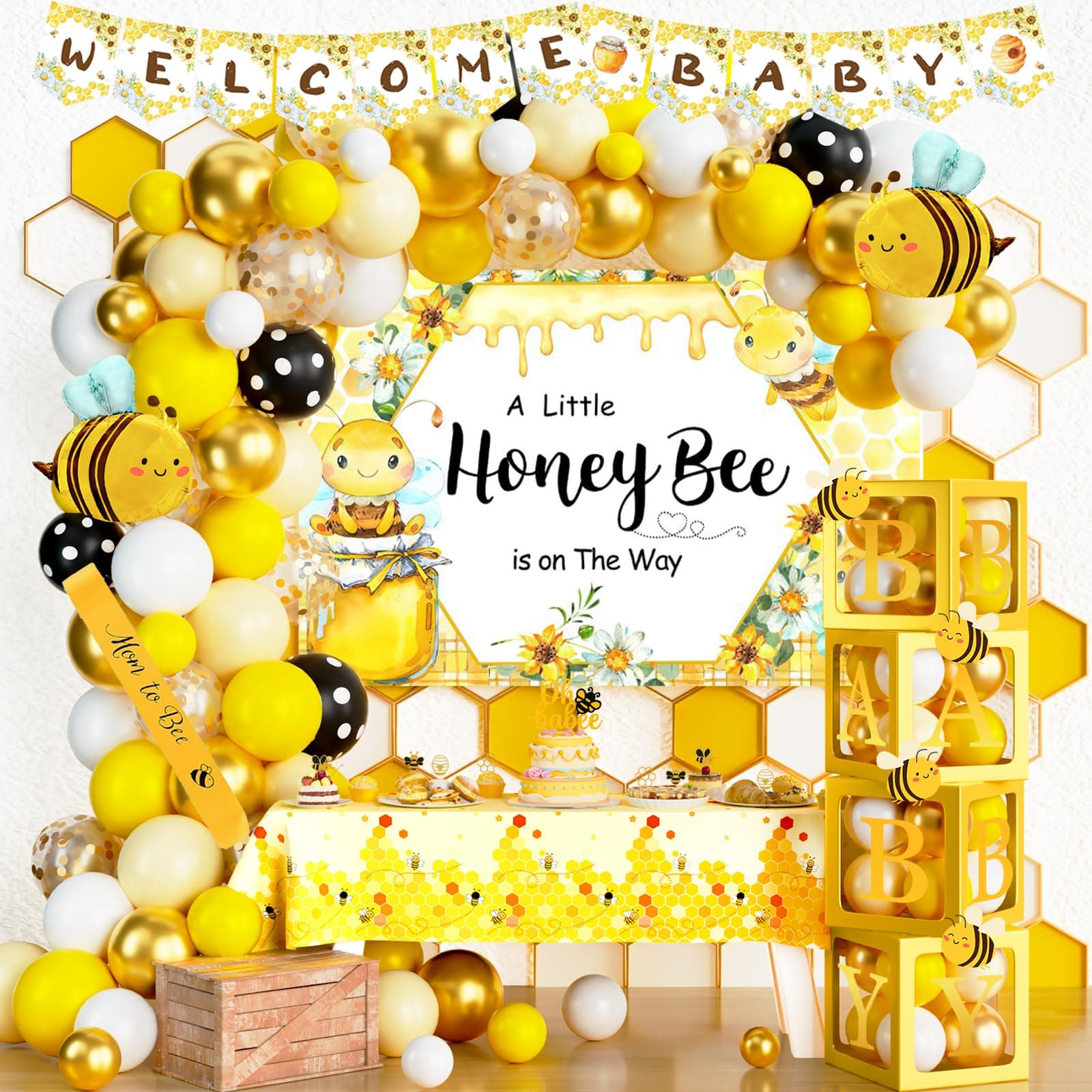 Party Inspo Bee Baby Shower Decorations, Bumble Bee Baby Shower Decor, A Little Honey is On The Way Backdrop Balloon Banner Tablecloth Cake Cupcake Topper Box Sash Cutouts