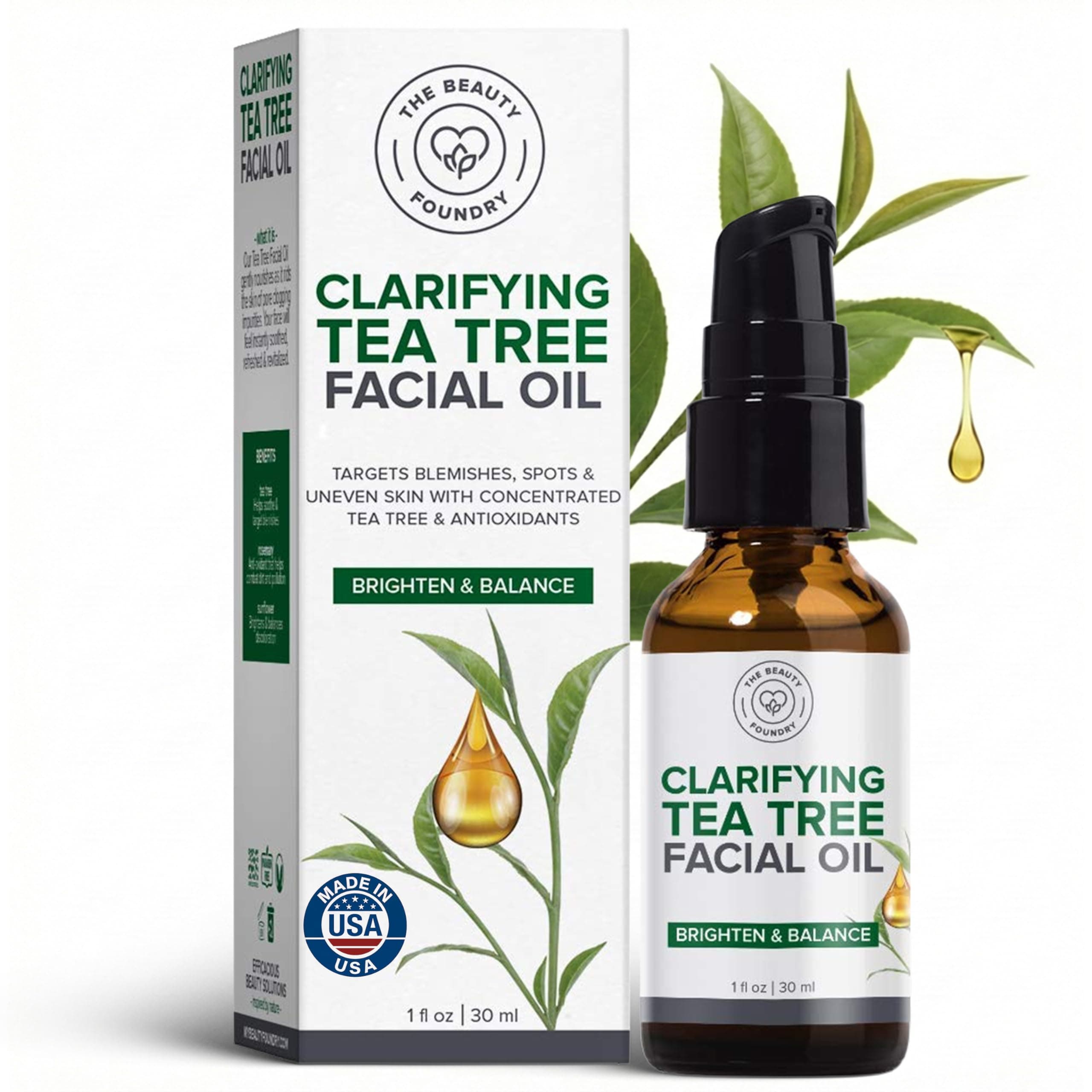 Clarifying Tea Tree Facial Oil, Targets Acne and Uneven Skin Tone, Antioxidant-Rich Beauty Oil, 1-fl oz/30ml (1 Pack)