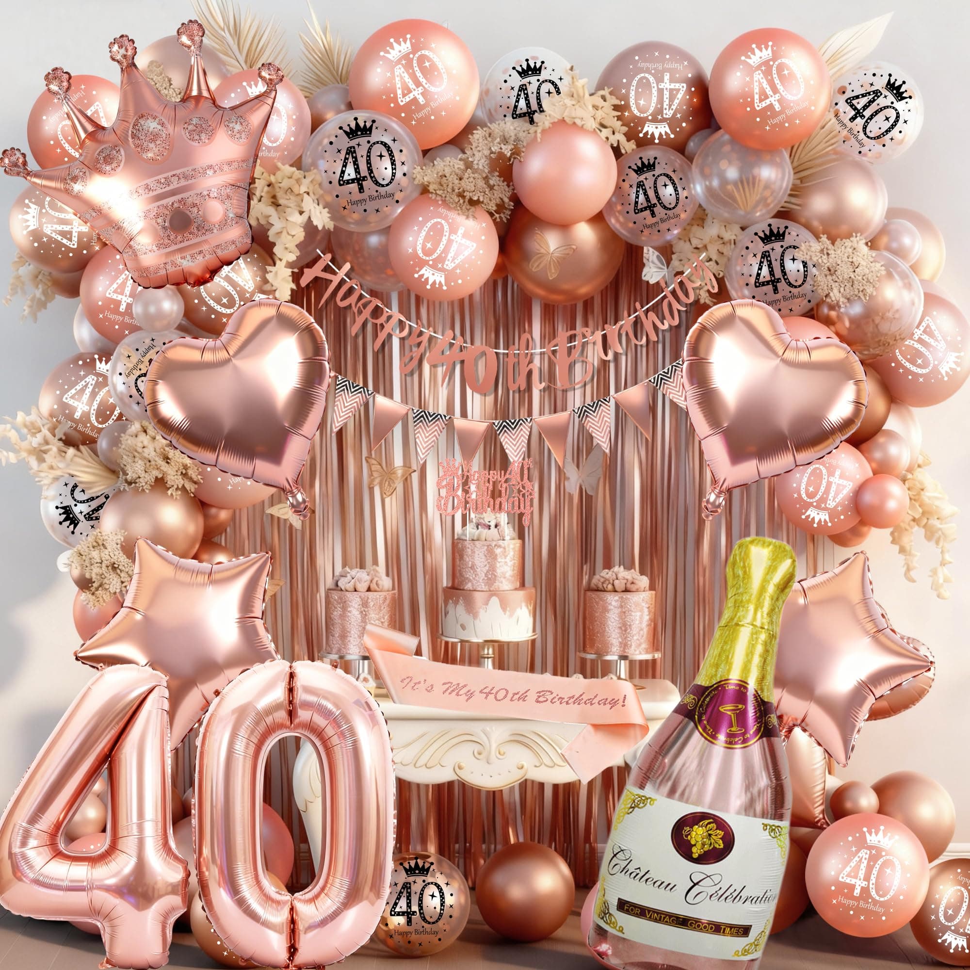 Rose Gold 40th Birthday Decoration for Women - Happy 40th Birthday Banner, Triangle Flag Banner, Number 40 Balloons, Foil Curtains for Party Decorations