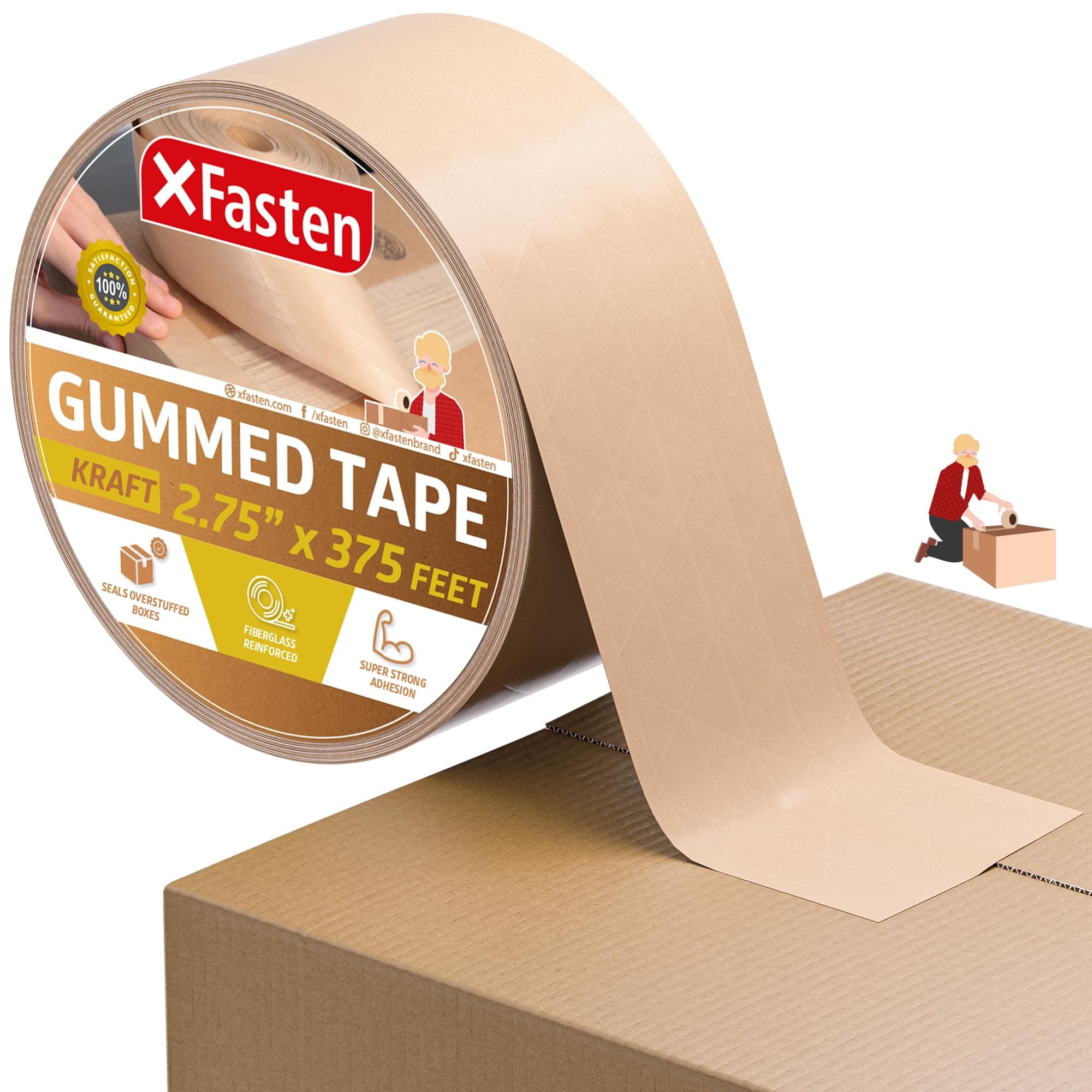XFasten Brown Paper Packing Tape - 2.75-Inch x 375-Feet, Water Activated, Reinforced for Moving & Packing Boxes