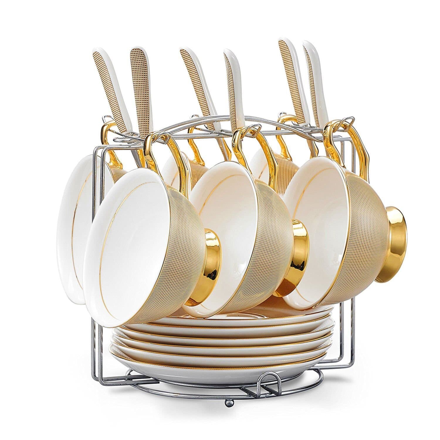 TouchLife Set of 6 Bone China Teacups/Coffee Cups & Saucers Sets with Spoons-8.8Oz, for Home, Restaurants, Display & Holiday Gift for Family or Friends,Royal classic,Golden,With Bracket