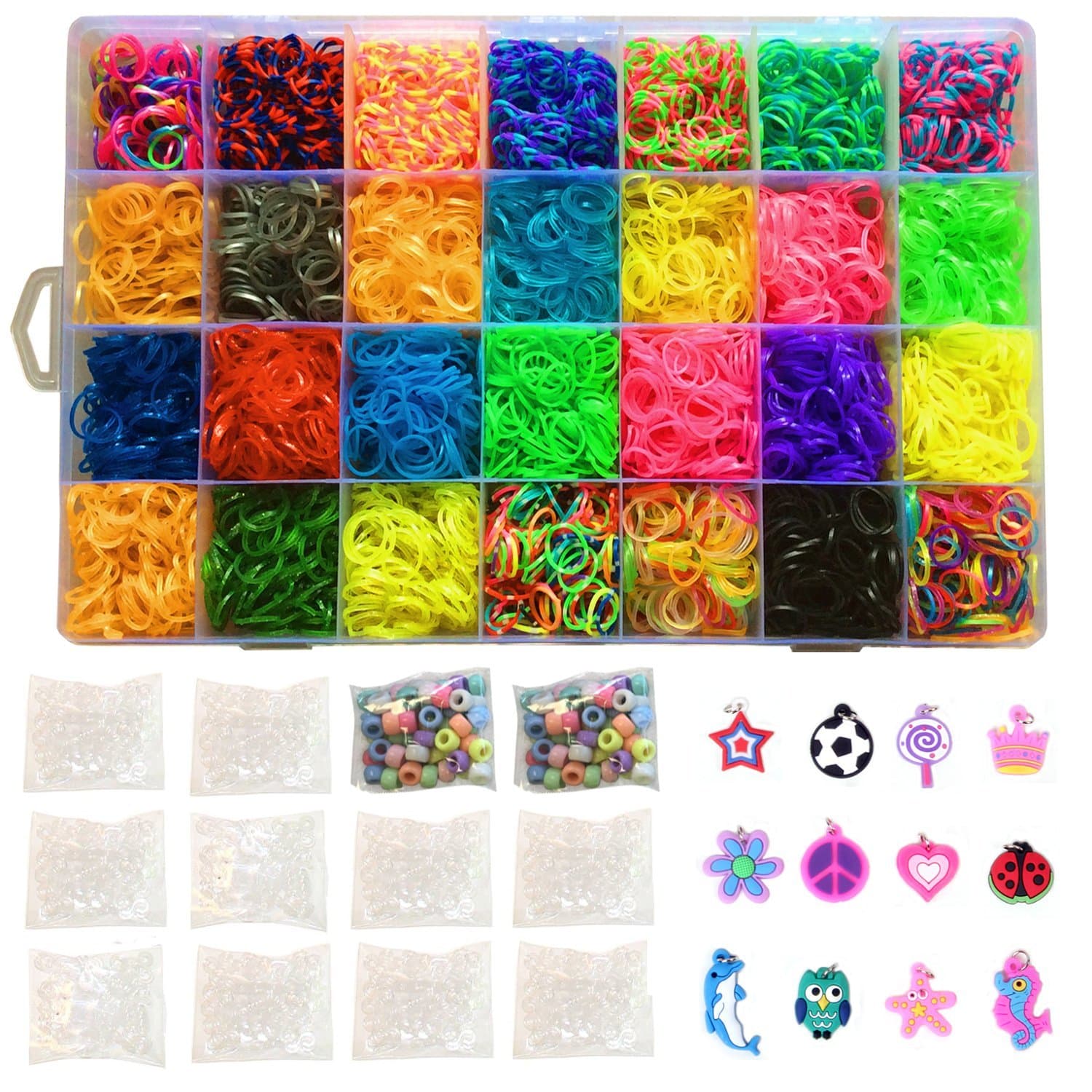 Kiserena Loom Band Refill Kit - Includes 7000 Rainbow Rubber Bands in 28 Different Colors, 350 S Clips, 12 Charms, 100 Beads and Mega Organizer Case - Perfect Birthday Gift for Kids