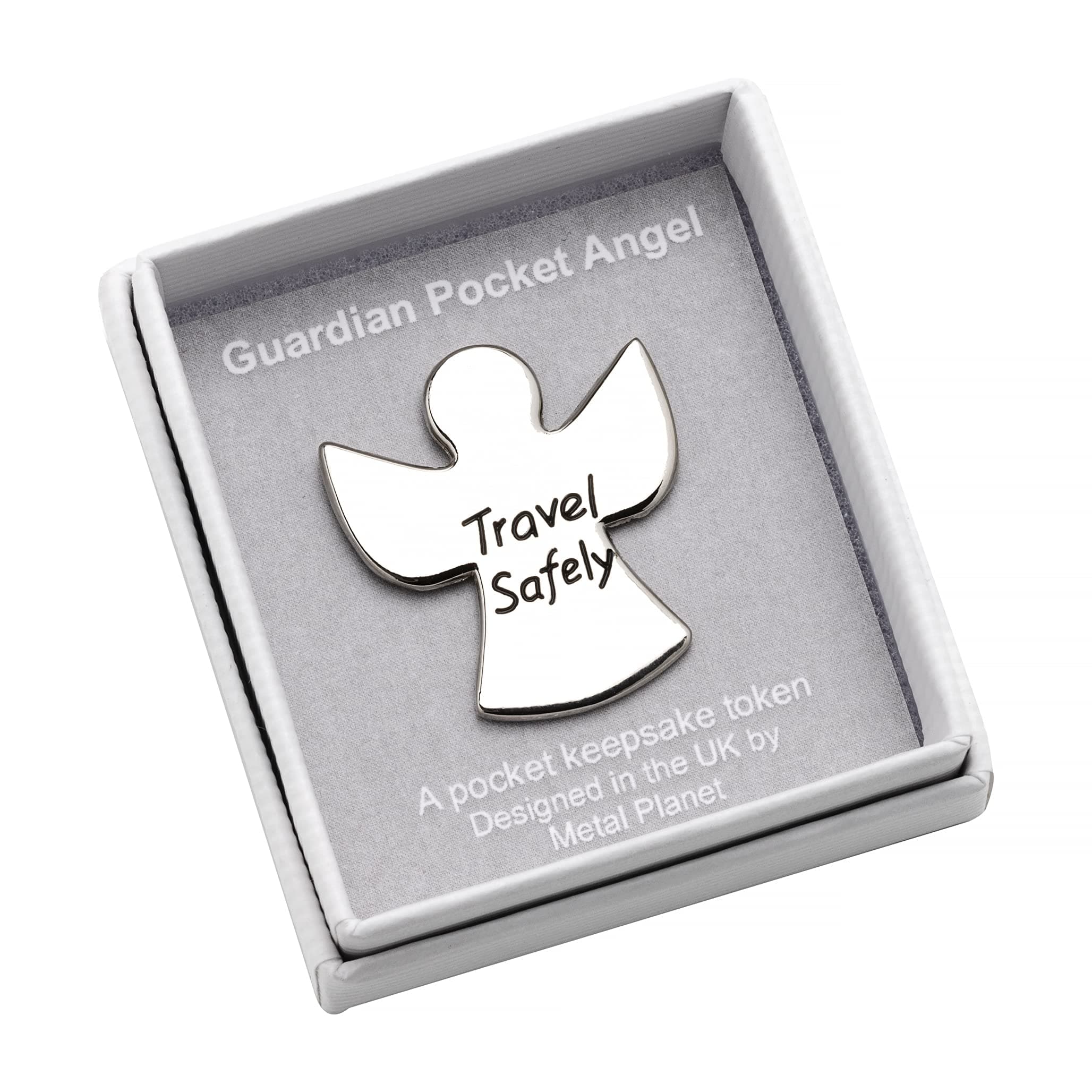 Travel Safely metal keepsake pocket token in a presentation box