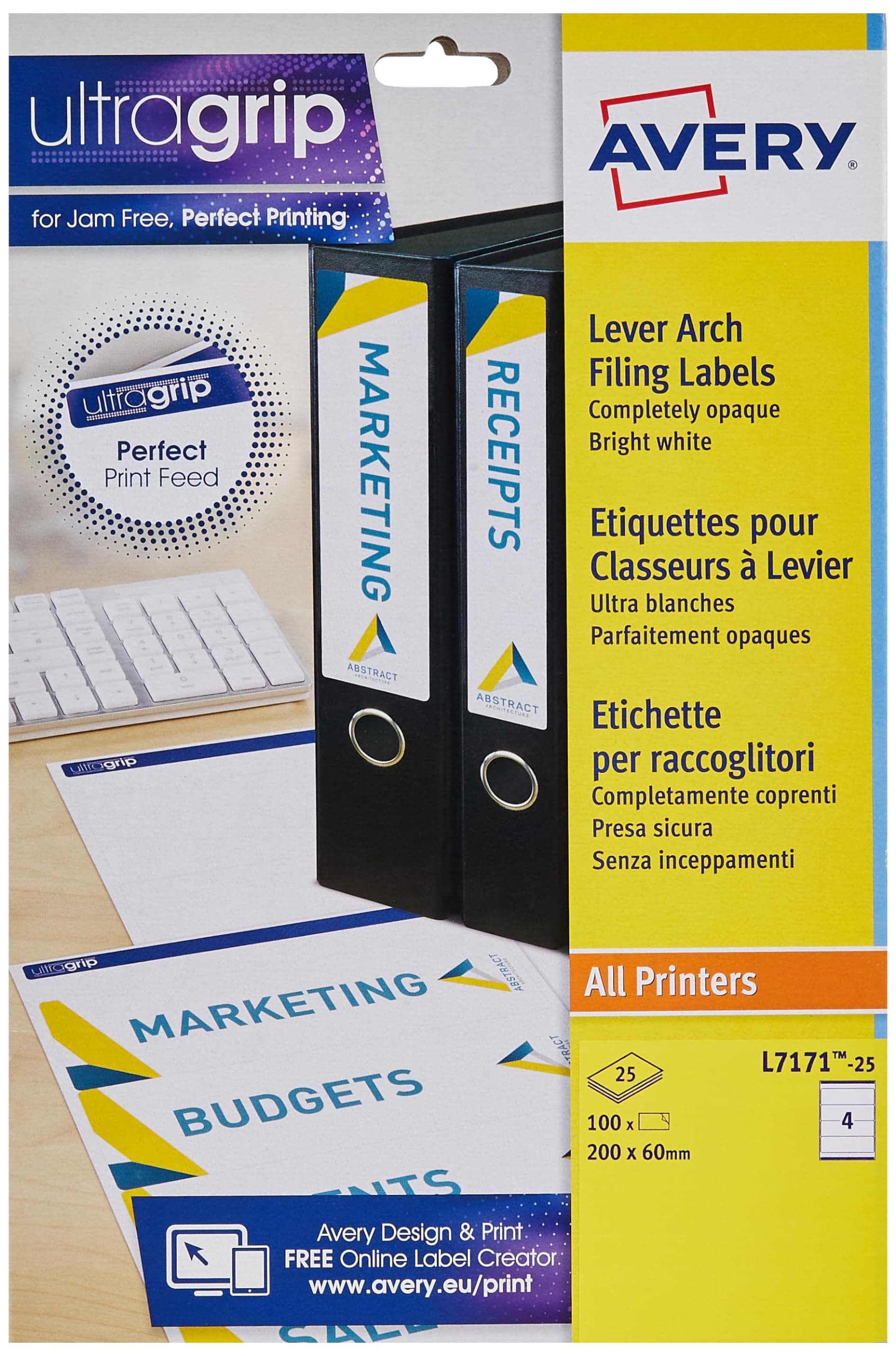 L7171-25 Self-Adhesive Lever Arch File Labels, 4 Labels Per A4 Sheet, 100 Labels Per Pack, White