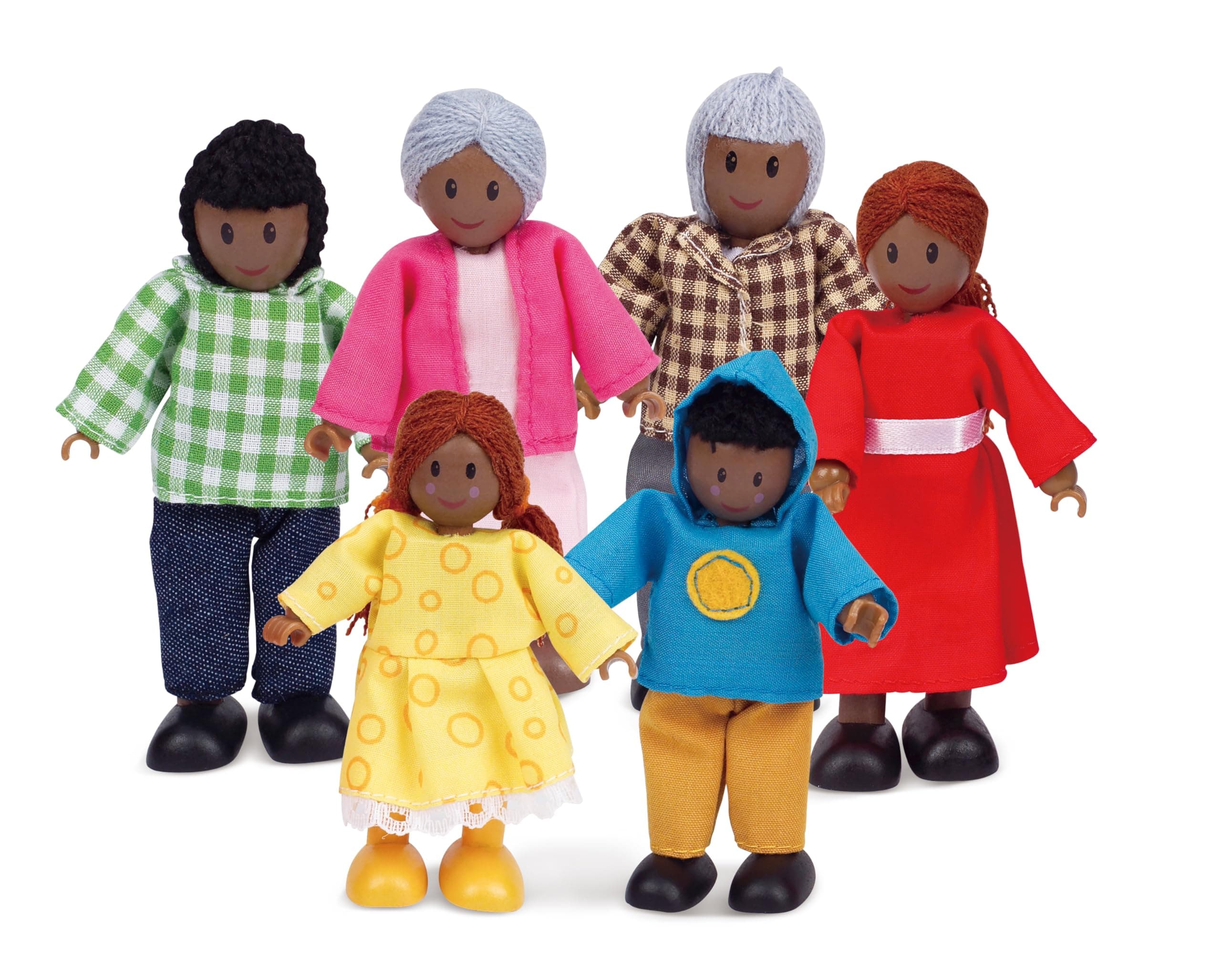 Hape African American Wooden Doll House Family| Dollhouse People Set of 6 Action Figure Set| Wire Adults: 4.3" H; Kids: 3.5" H