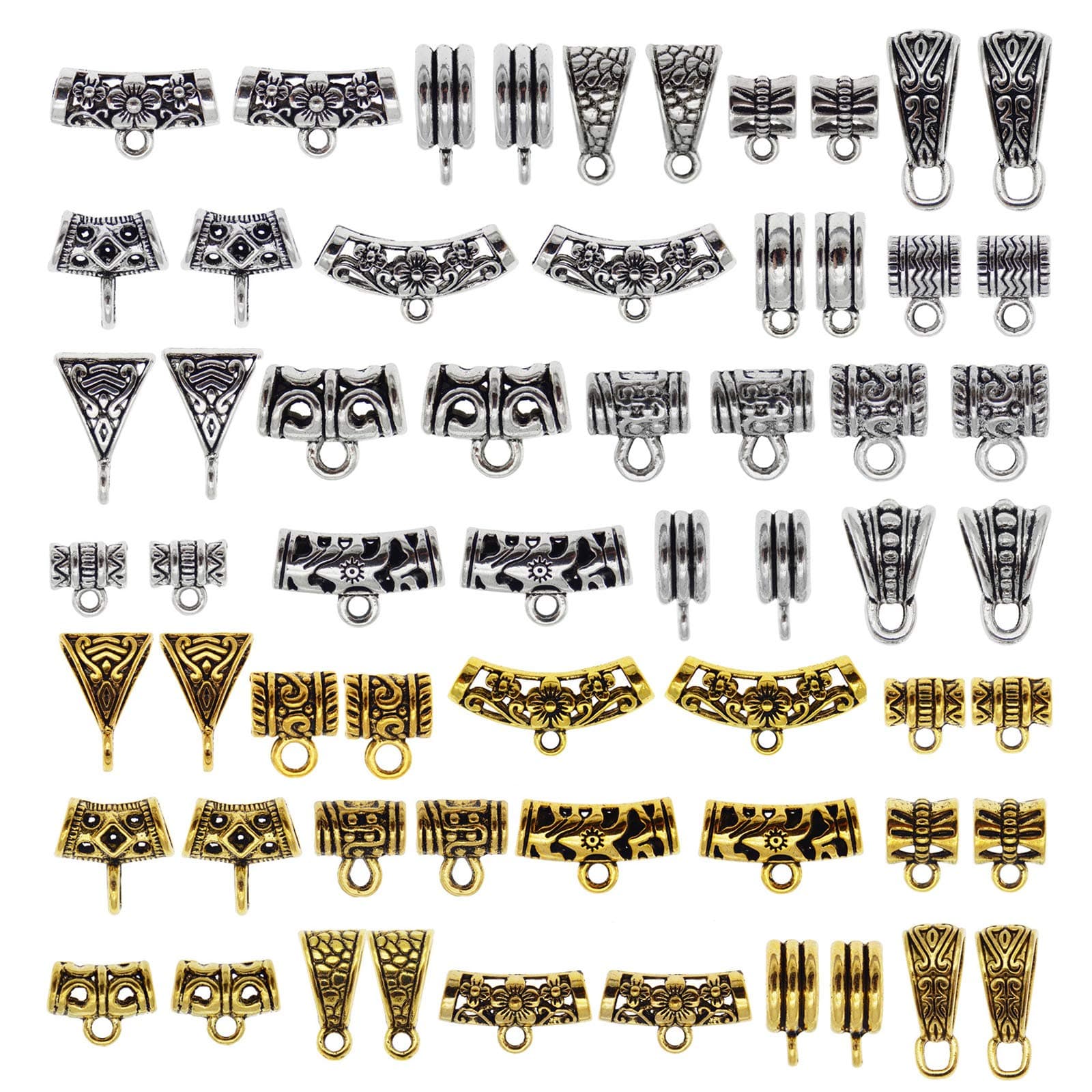 150pcs Mixed Tibetan Silver Gold Tube Bail Pendant Spacer Bead Hanger with Loop Charm Holder for Jewelry Making
