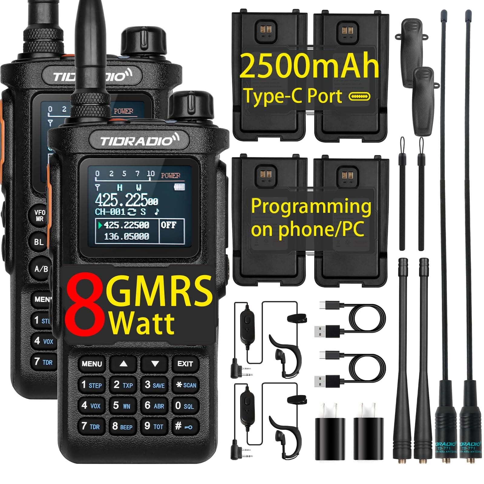 8 Watt TD-H8 GMRS Handheld Radio(2nd Gen) with 4PCS Batteries, 771 Long Antenna & Earpiece - Bluetooth Programming, Repeater Capable, Dual Band Long Range Two Way Radios - 2Pack Full Kit