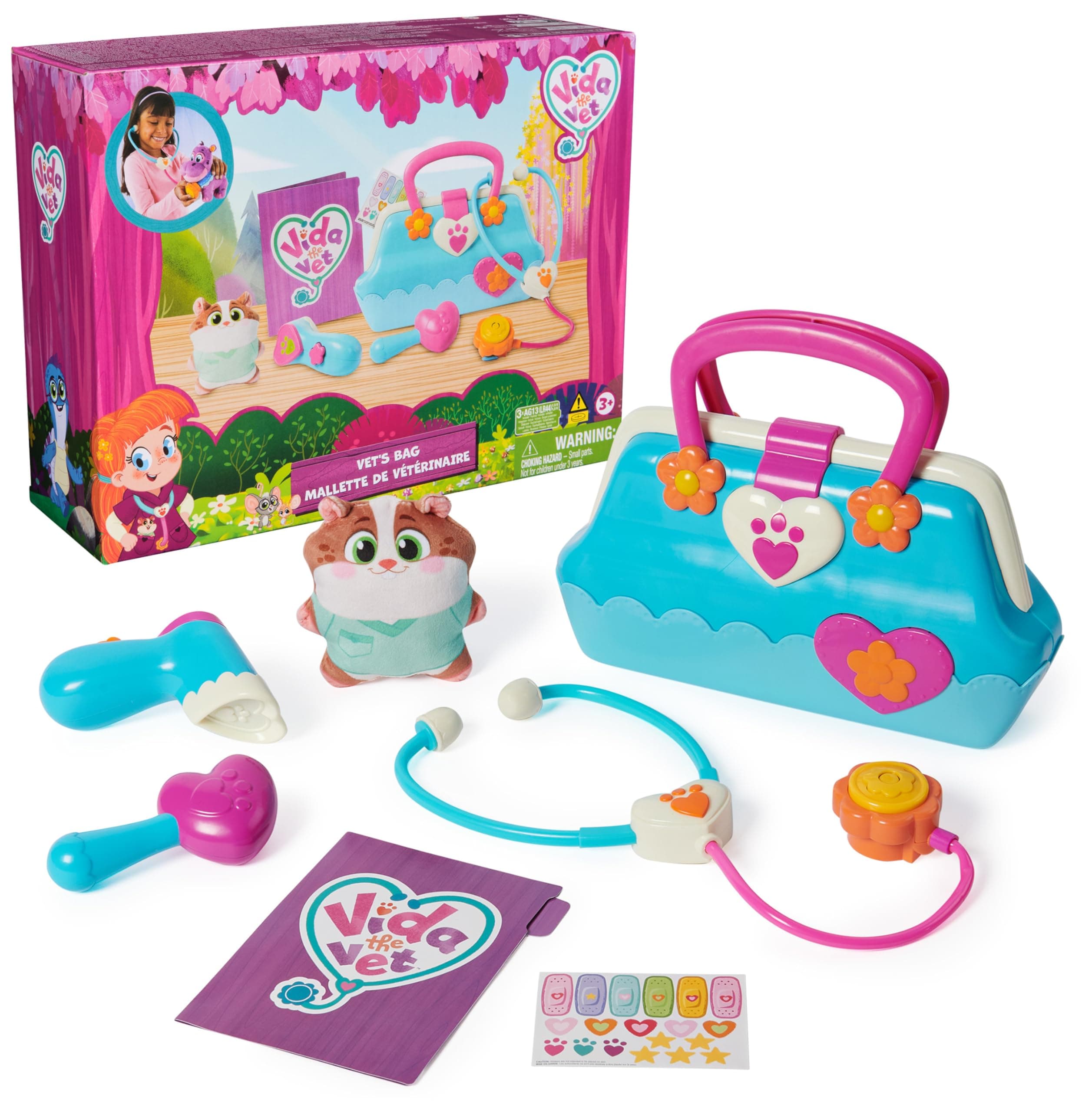 Vida The Vet, Vet’s Bag with 5 Veterinary Doctor Kit Accessories, 1 Popcorn Plush Toy & Stickers, for Costume Play, Kids Toys for Girls & Boys Ages 3+