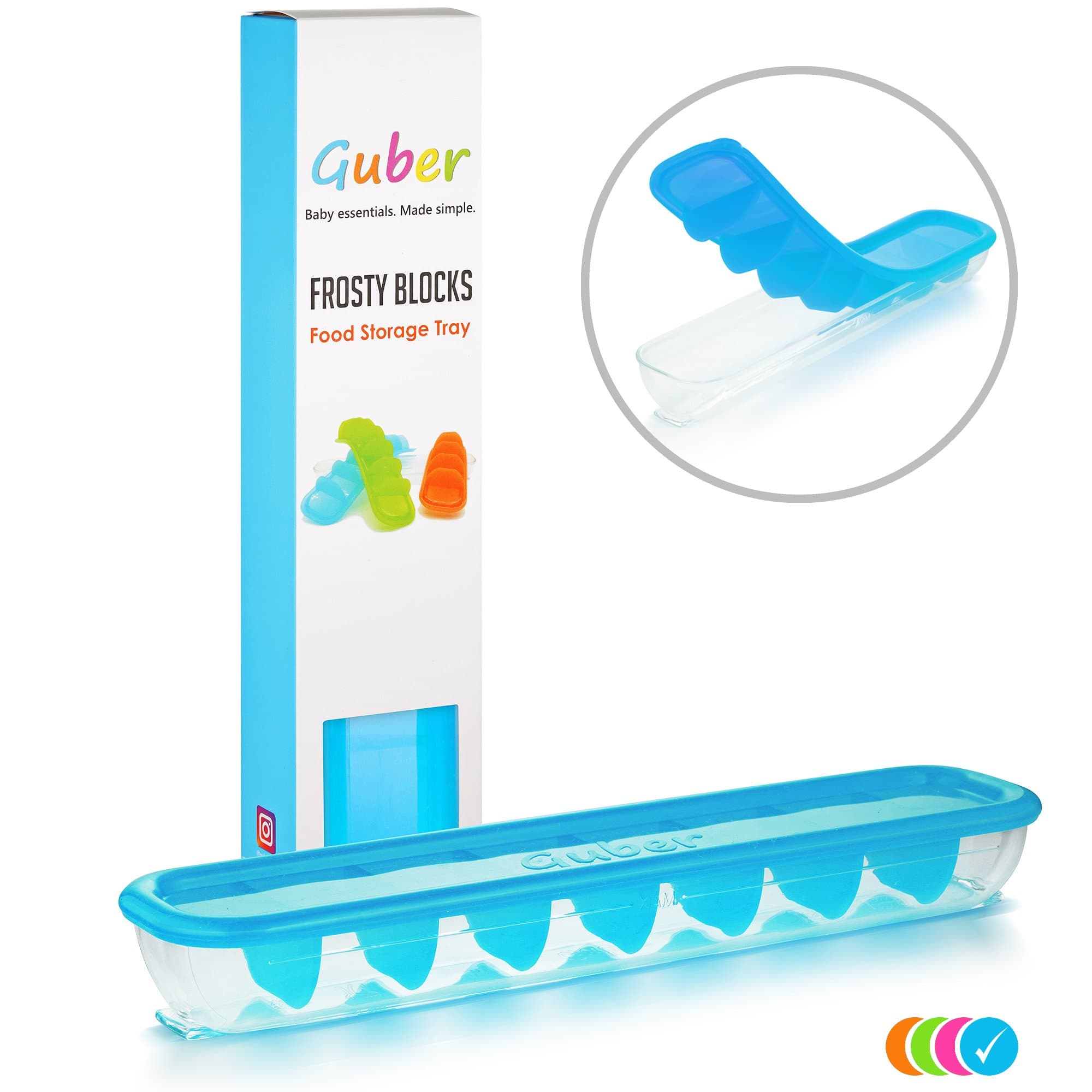 GUBER Baby Food Storage Container - 8x30ml Cubes - Multipurpose Food Freezer Tray 'Frosty Blocks' - BPA Free & CPC Certified - Freeze & Store Baby Food, Breastmilk, Puree, Soups, Sauces, Broths - Blue