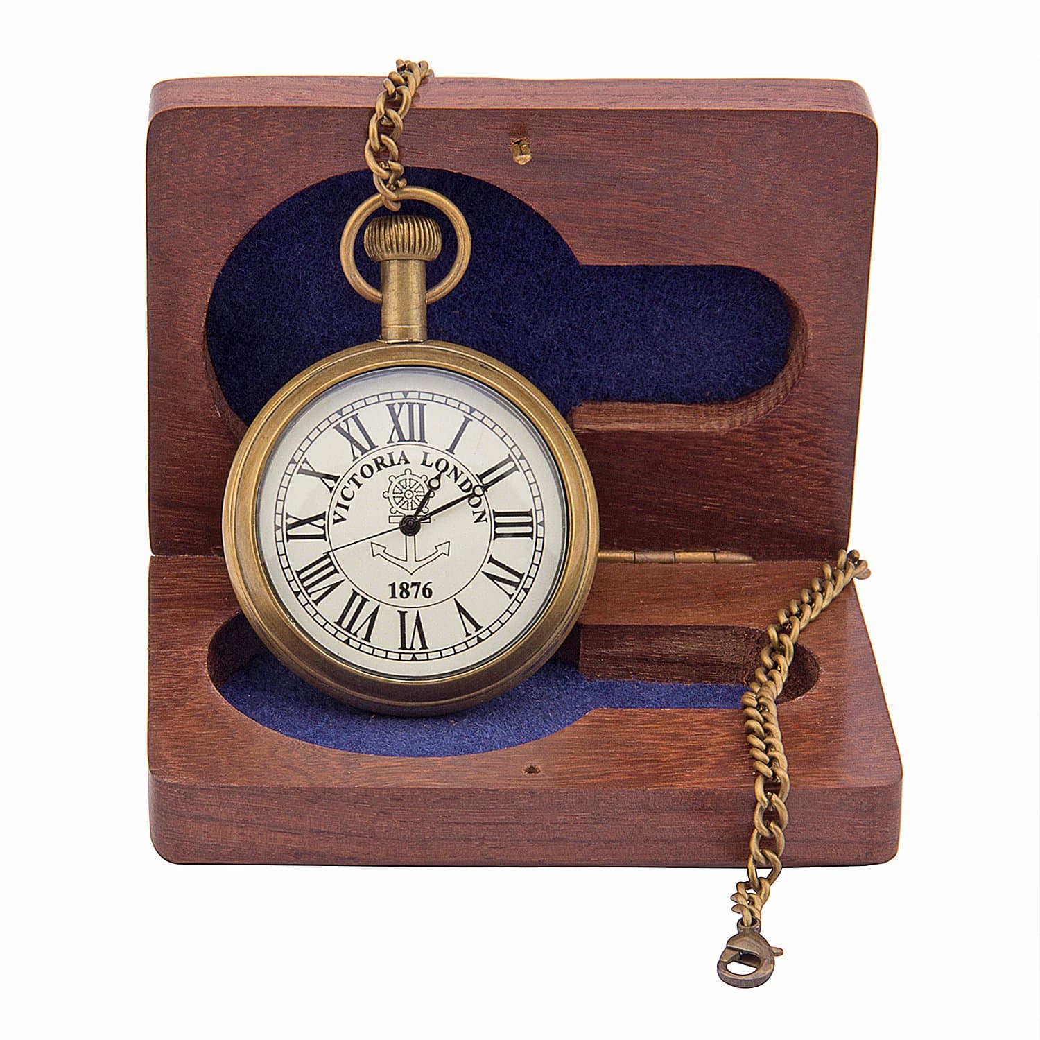 Kartique Antique Style Brass Pocket Watch with Chain Roman Numbers Dial Victoria London 1876 with Wooden Box