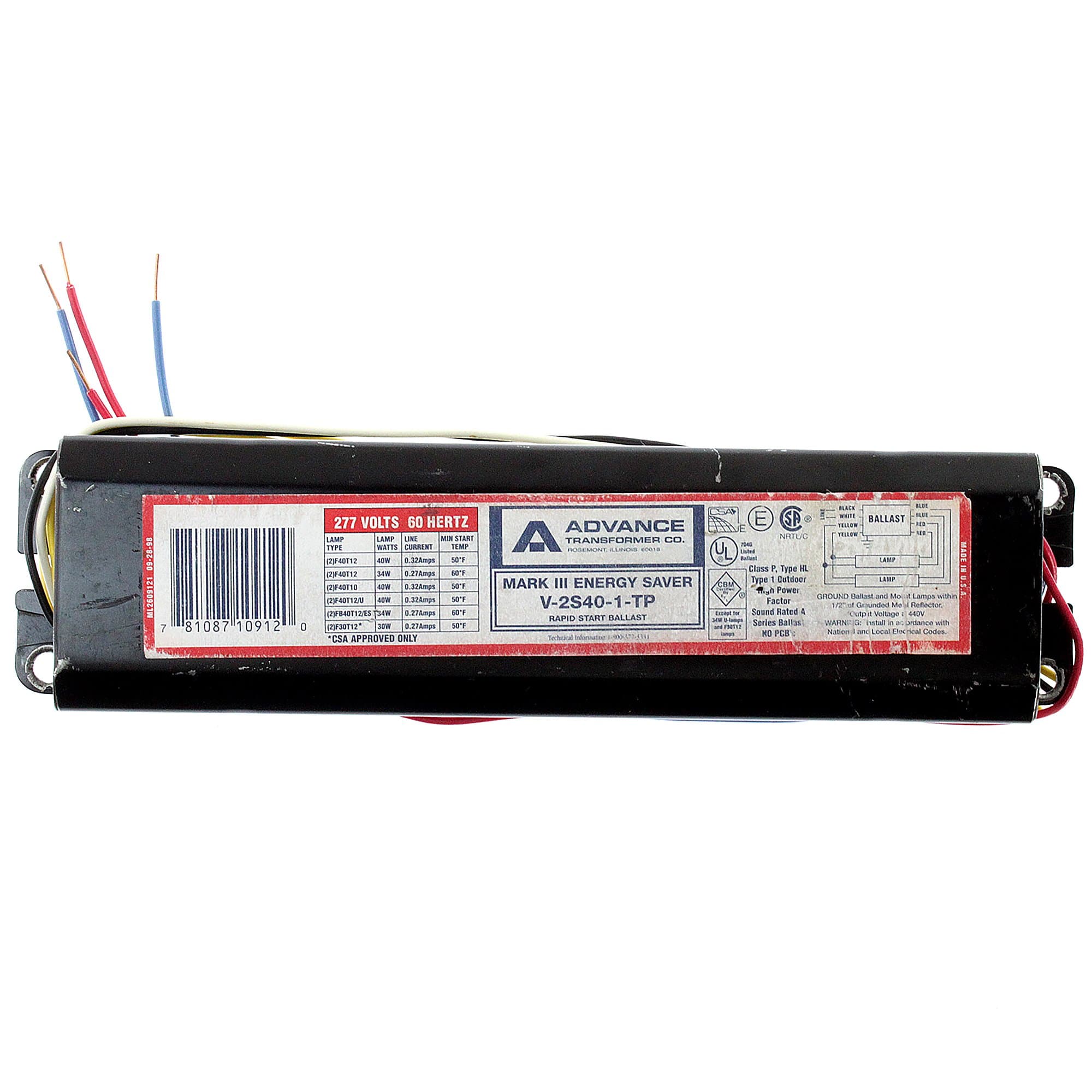 Advance V-2S40-1-TP Mark III Energy Saver Rapid Start Ballast 277V 60Hz