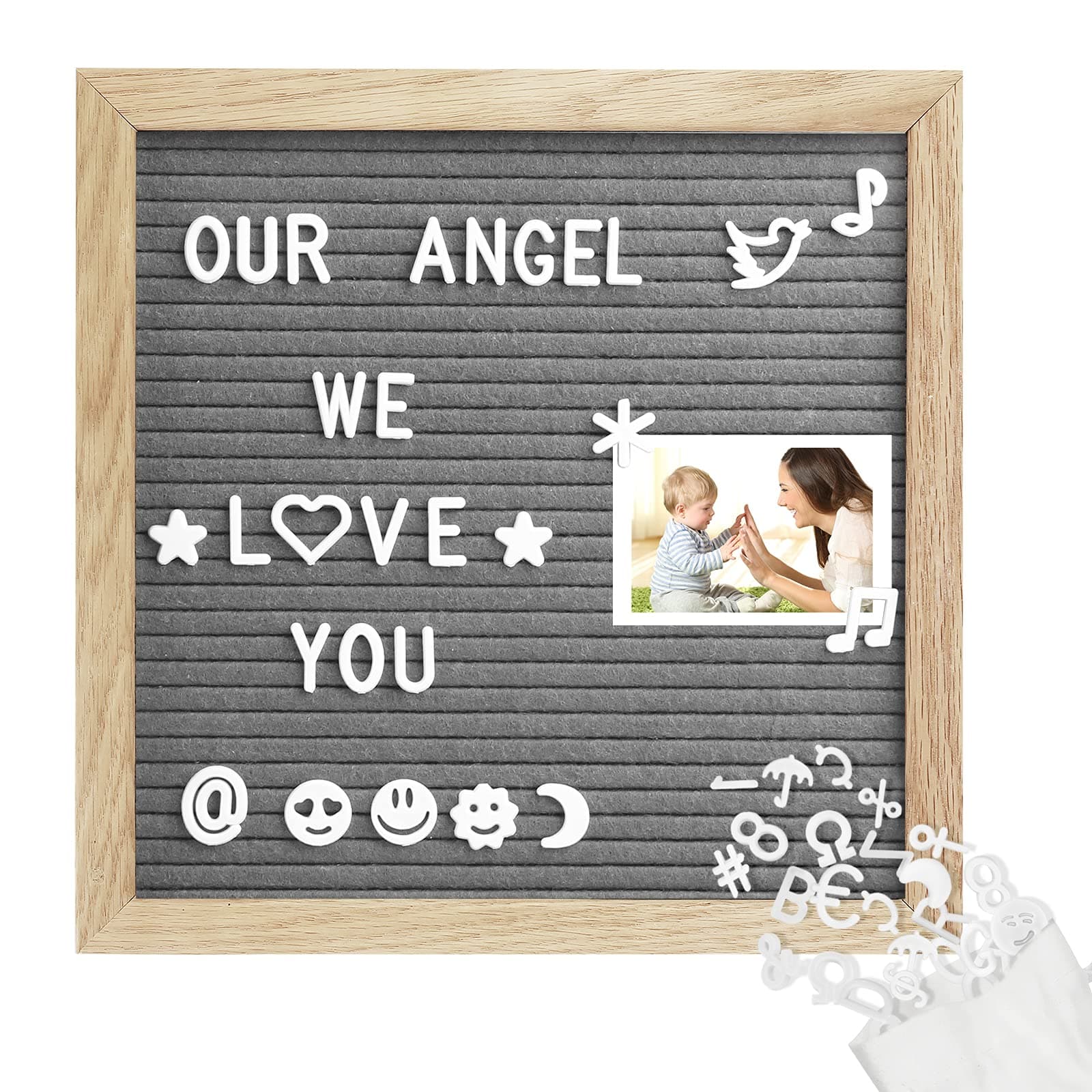 10x10 Grey Felt Letter Board with 350 Changeable Letters and Stand, Oak Frame Message Board Announcement Board for Home Decoration, Office, Farmhouse