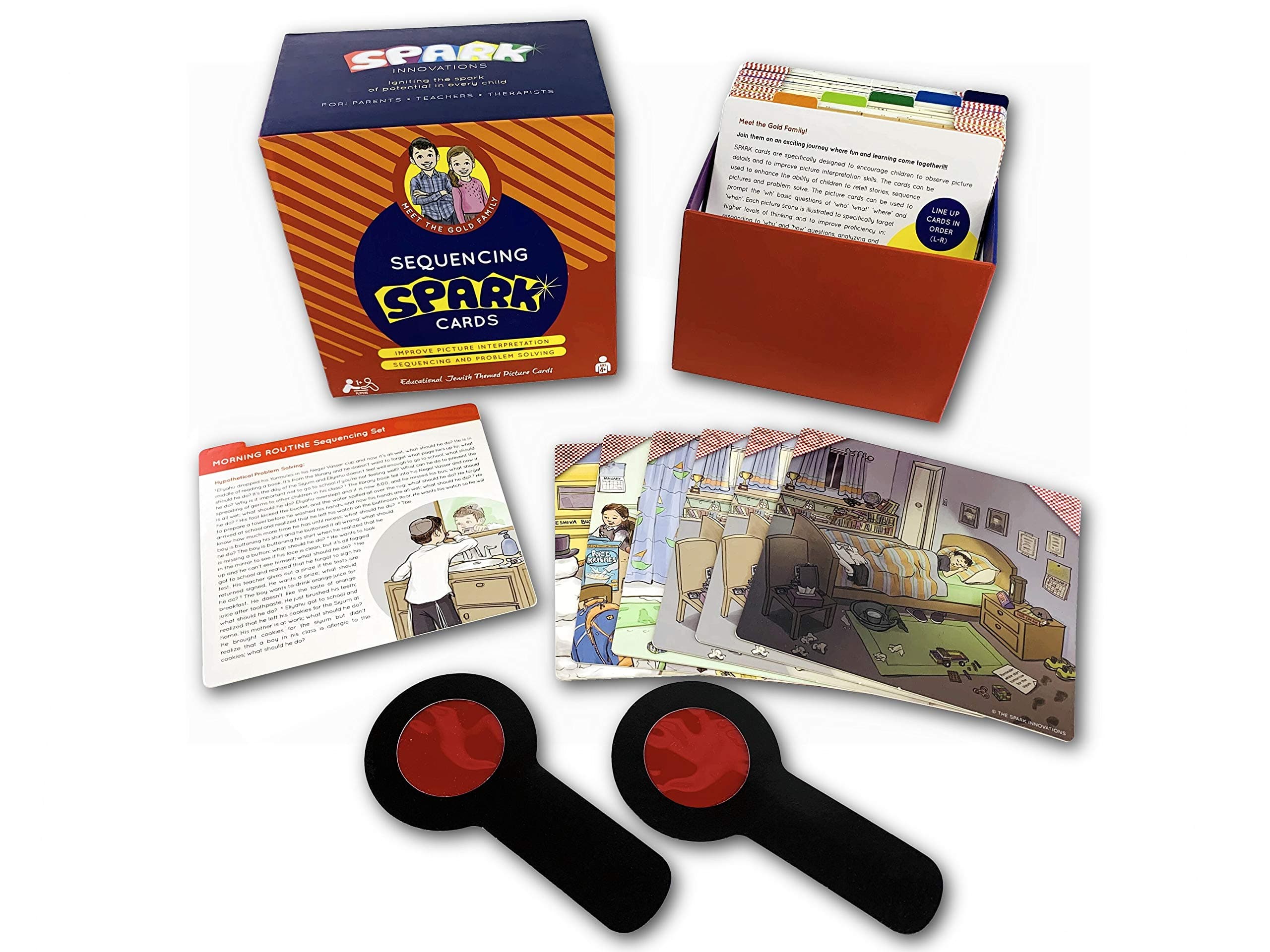 SPARK INNOVATIONS Sequencing Cards, Picture Scene Jewish Themed Story Cards Speech Therapy Game, Problem Solving, Includes Shabbos, Chanukah and Purim Stories