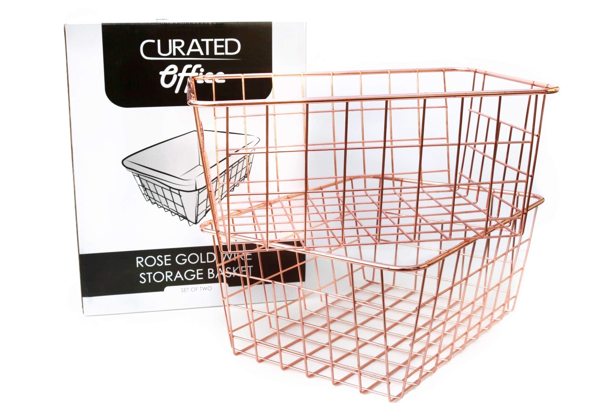 Curated Office - Rose Gold Wire Storage Baskets (Set of 2) | Rust Proof Steel Construction | Beautiful Polished Design | 11" x 8.7" Medium Sized Decorative Bin