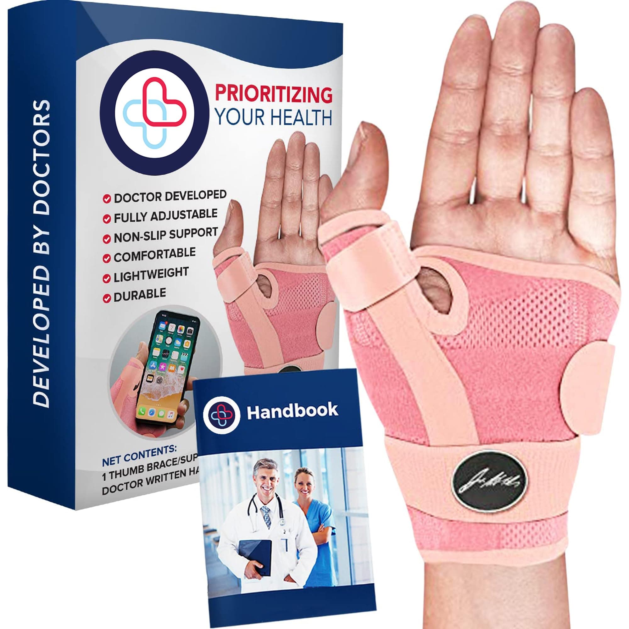 Doctor Developed Thumb Support Brace & Handbook/Trigger Thumb Brace/Thumb Support for Arthritis - Thumb Spica Splint - Thumb Splint for Right Hand/Left (Pink, Single)