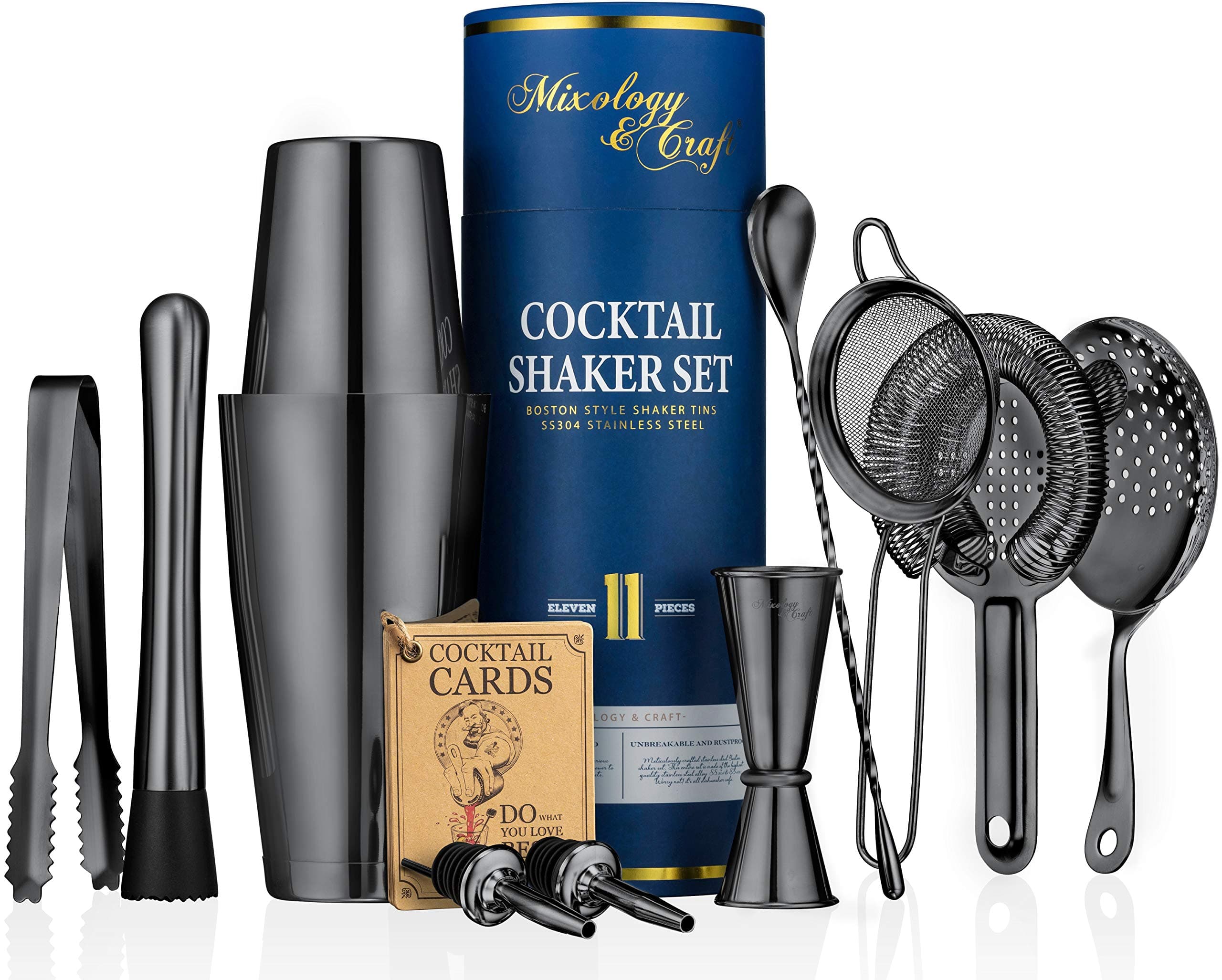 Mixology & Craft Cocktail Shaker Set: 11-Piece Weighted Boston Shaker Kit | Complete Cocktail Kit Gift Set | Top Bartender Gifts for Men & Women (Black)