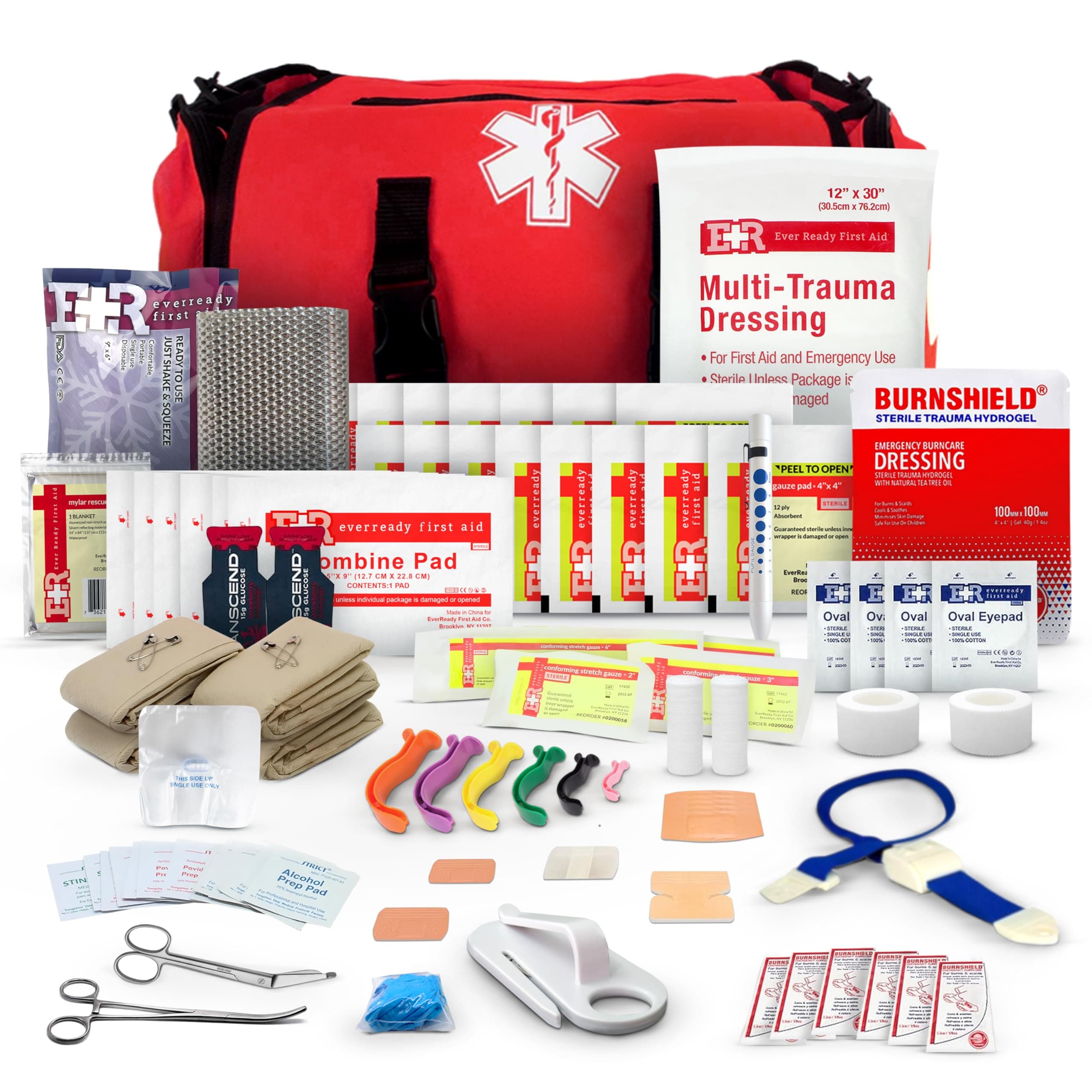 First Responder Trauma First Aid Kit Bag – Fully Stocked Emergency Medical Kit for Workplace, Vehicle & Home – OSHA & ANSI Compliant – Portable – Red