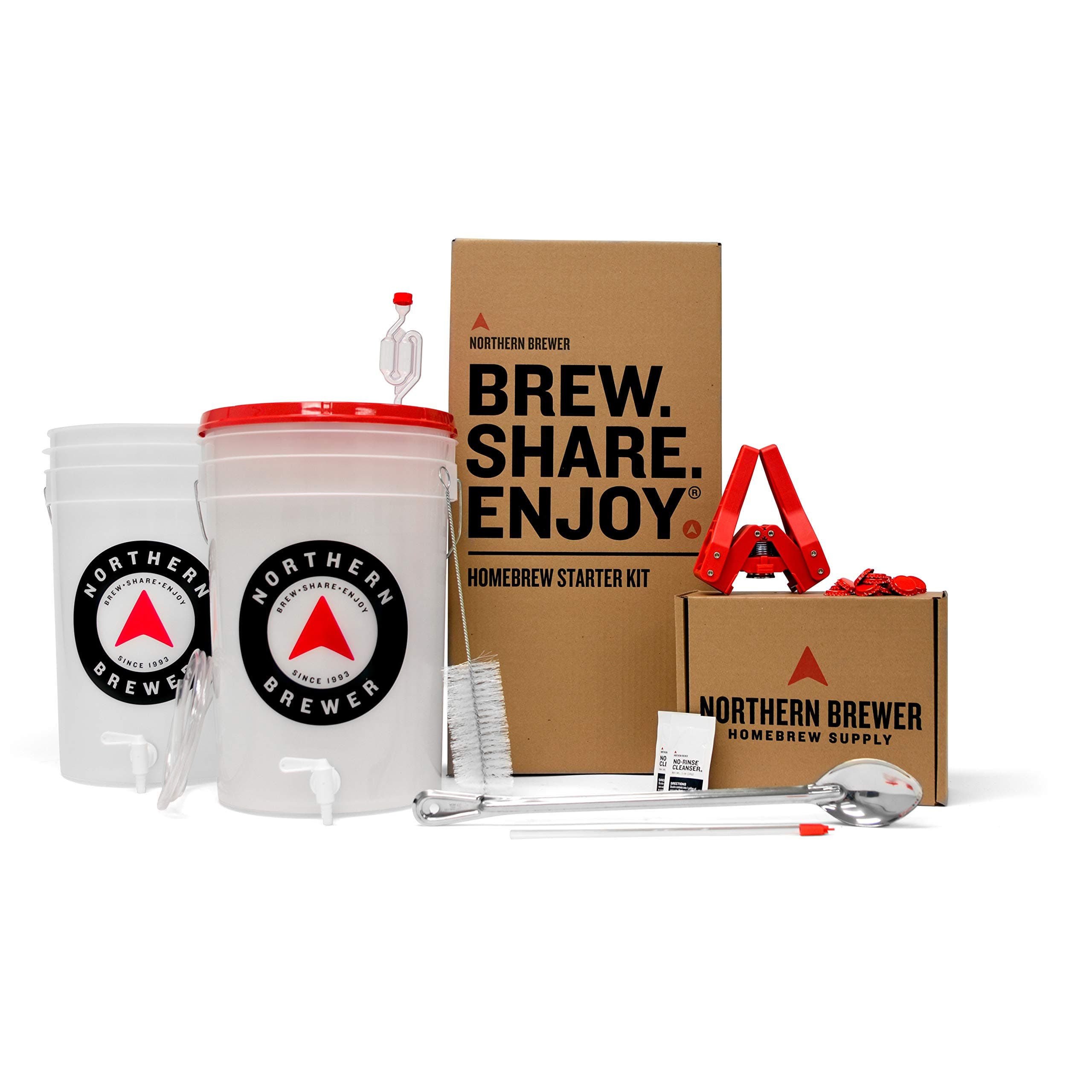 Brew. Share. Enjoy. HomeBrewing Starter Set, Equipment and Recipe for 5 Gallon Batches (Block Party Amber with Testing Equipment)