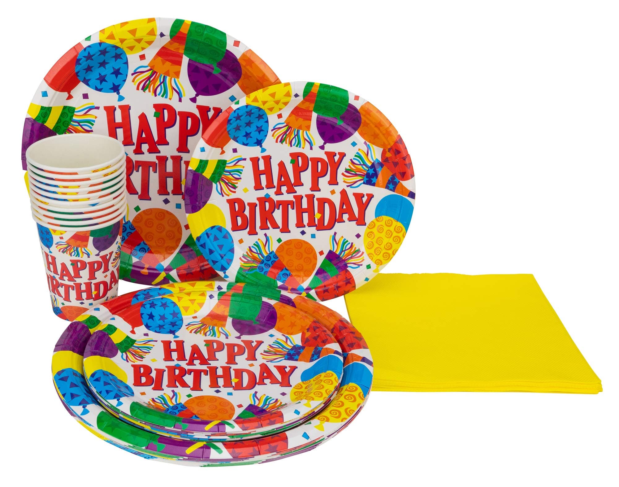 Perfect Settings Happy Birthday Party Supplies Disposable Tableware Party Set – Happy Birthday Balloons Bundle of 12 Birthday 9” Plates 7” Cake Plates 9oz Cups and Yellow Napkins
