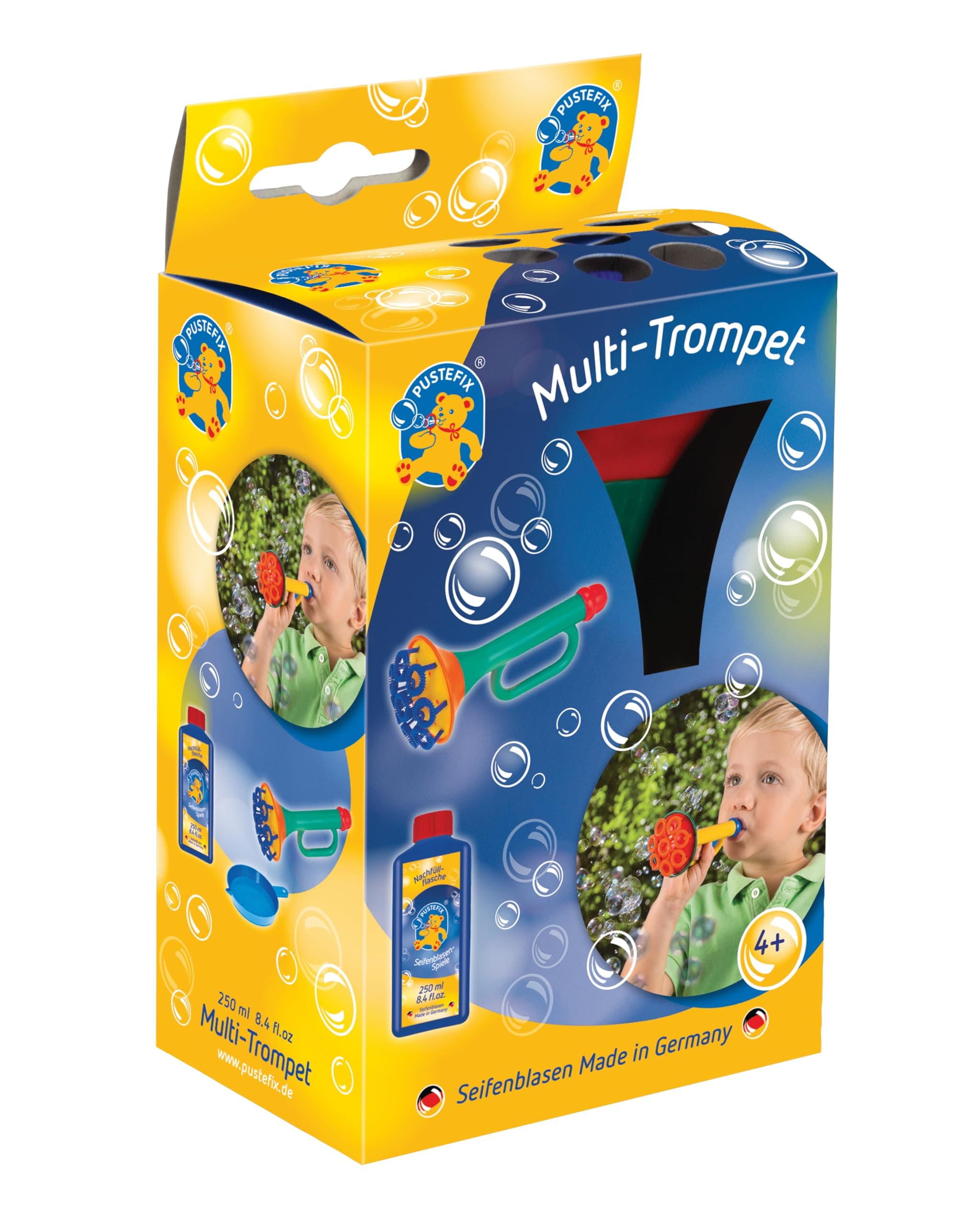 PUSTEFIX Multi Bubble Trumpet, 250ml Bubble Solution, Colourful Bubbles, Made in Germany, Soap Bubbles Toy for Children's Birthdays, Weddings, Parties for Children and Adults