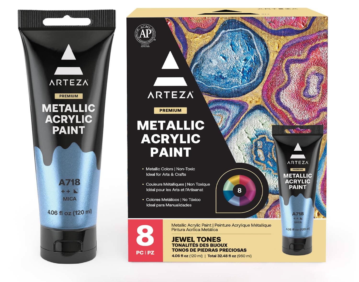 Arteza Metallic Acrylic Paint, Set of 8 Jewel Tones Colors in 4.06oz Tubes, Rich Pigments, Non Fading, Paints for Artists and Hobby Painters