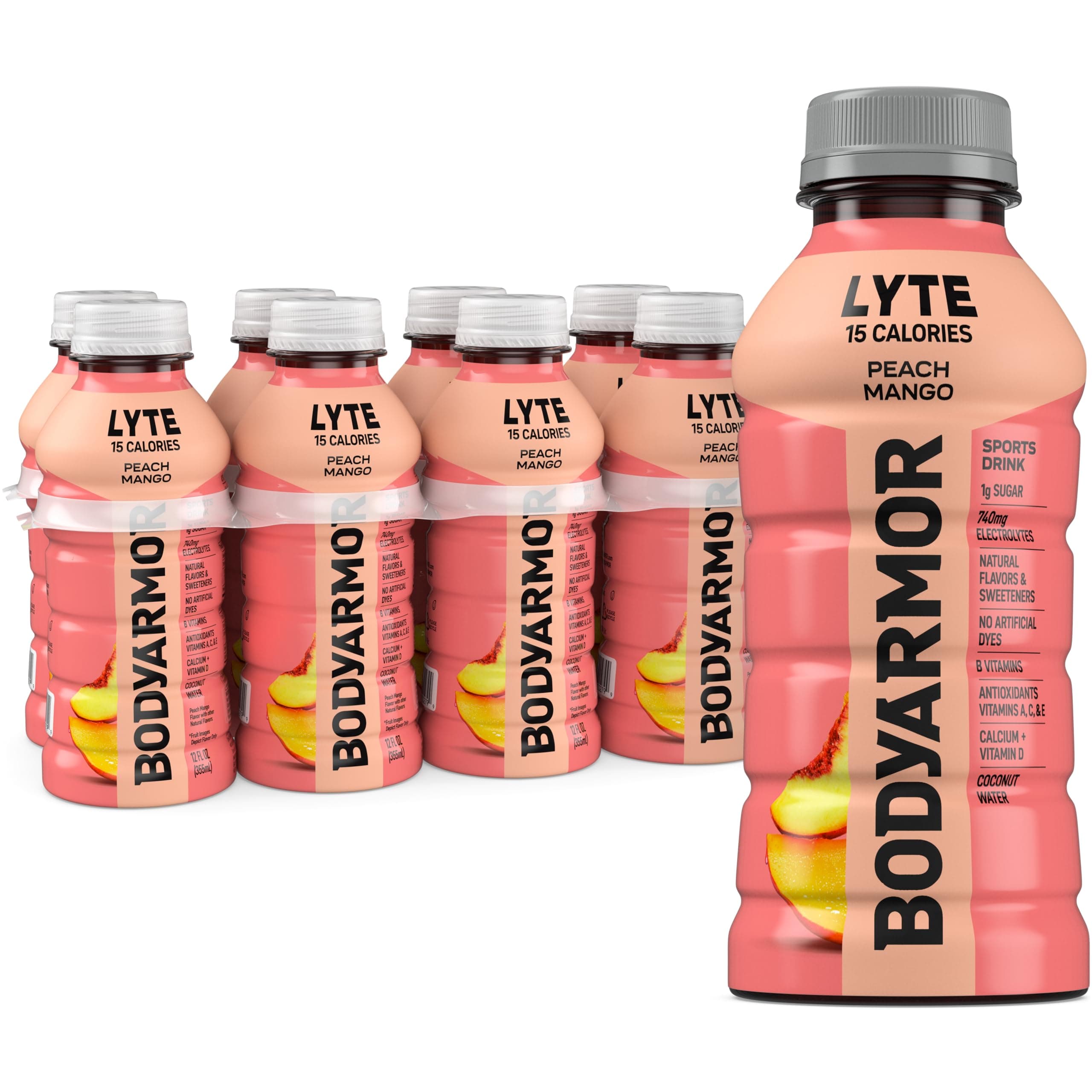 BODYARMOR LYTE, Peach Mango, Electrolyte Drink, 15 Calories, 12 Fl Oz Bottles (8 Pack), Coconut Water Sports Drink, Natural Flavor & B Vitamins