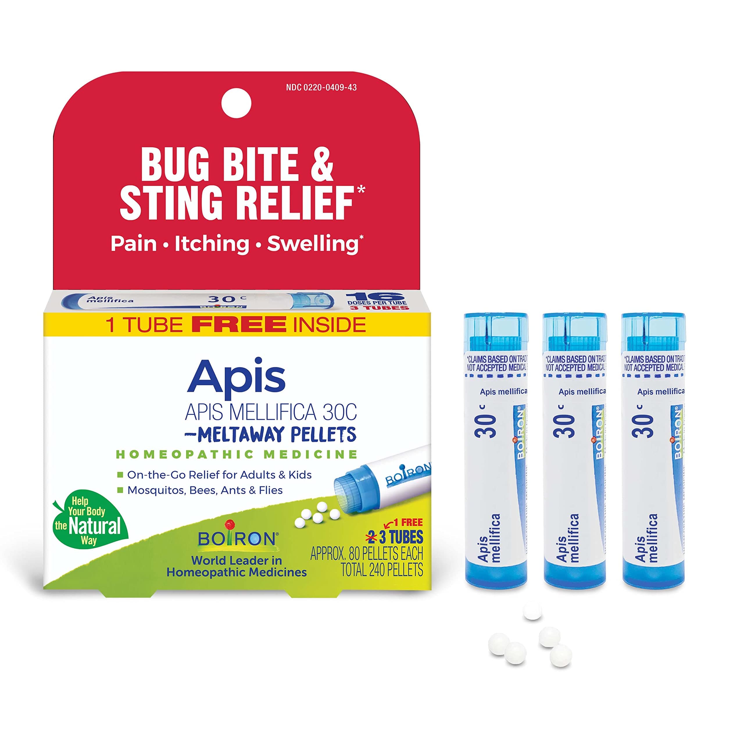 Boiron Apis Mellifica 30C Homeopathic Medince for Relief from Pain, Itching, and Swelling of Bug Bites or Stings - 3 Count (240 Pellets)
