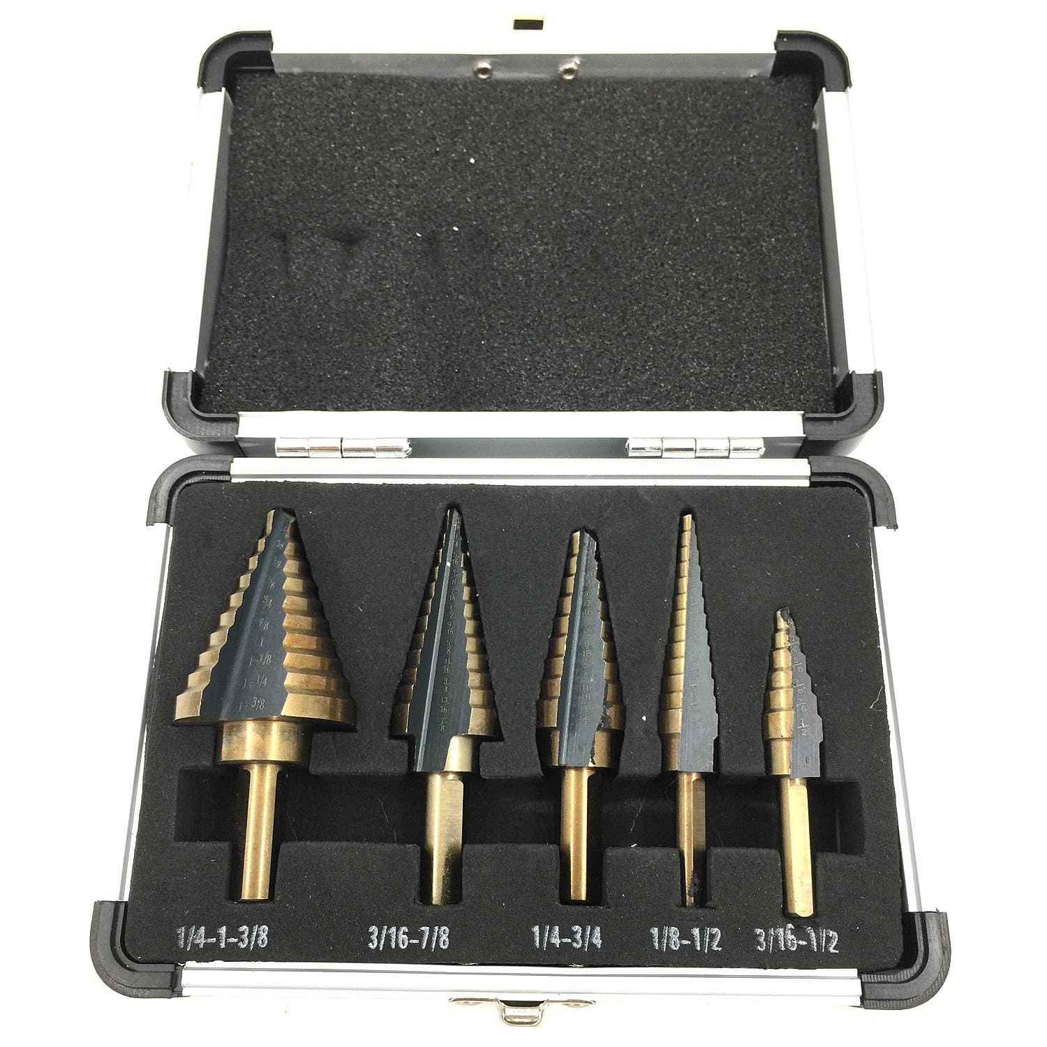 PANOVOS (5pcs)Hss Cobalt Multiple Hole 50 Sizes Titanium Step Drill Bit Power Hand Tools Set with Aluminum Case