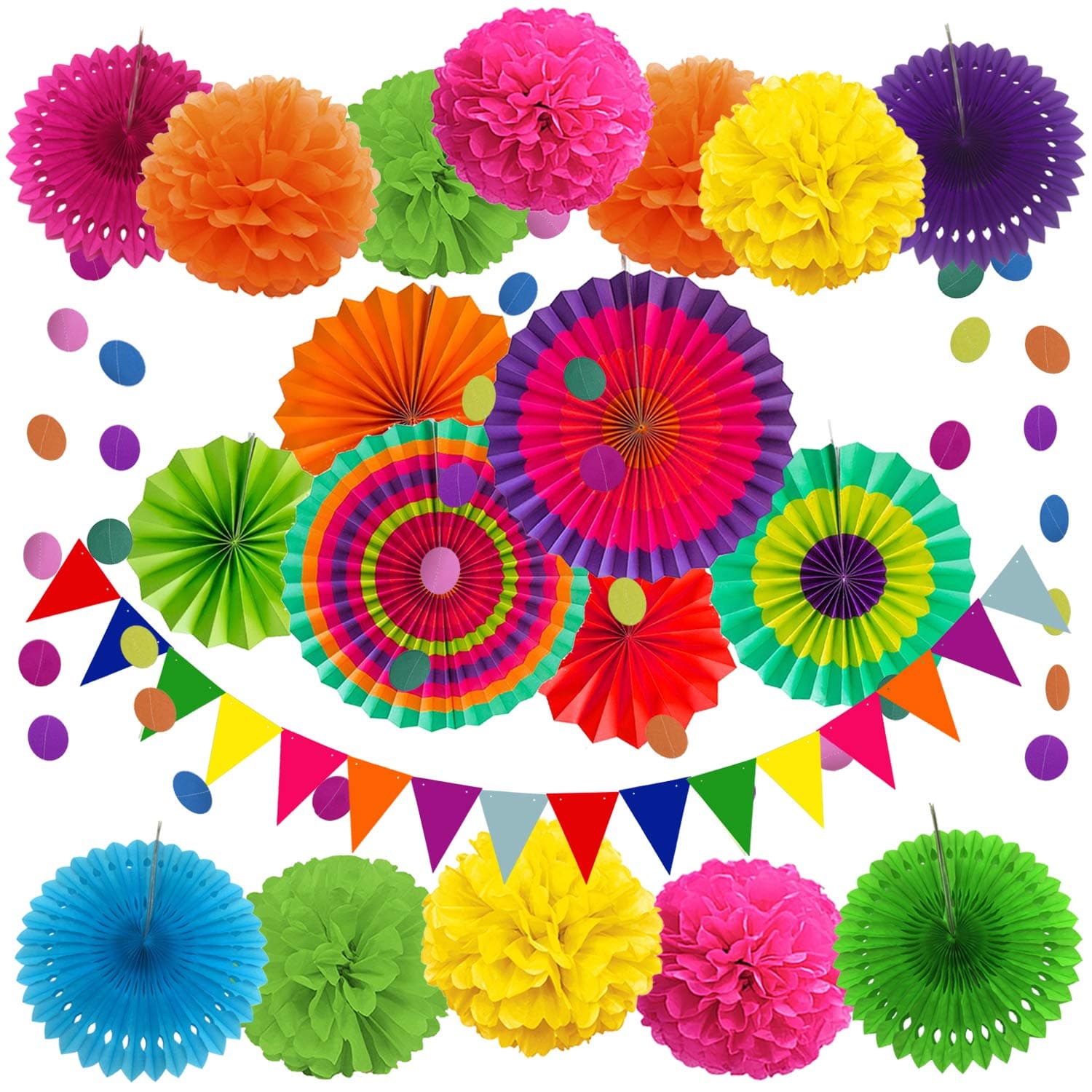 Party Decoration, 21 Pcs Multi-color Hanging Paper Fans, Pom Poms Flowers, Garlands String Polka Dot and Triangle Bunting Flags for Birthday Parties, Wedding Décor, Fiesta or Mexican Party