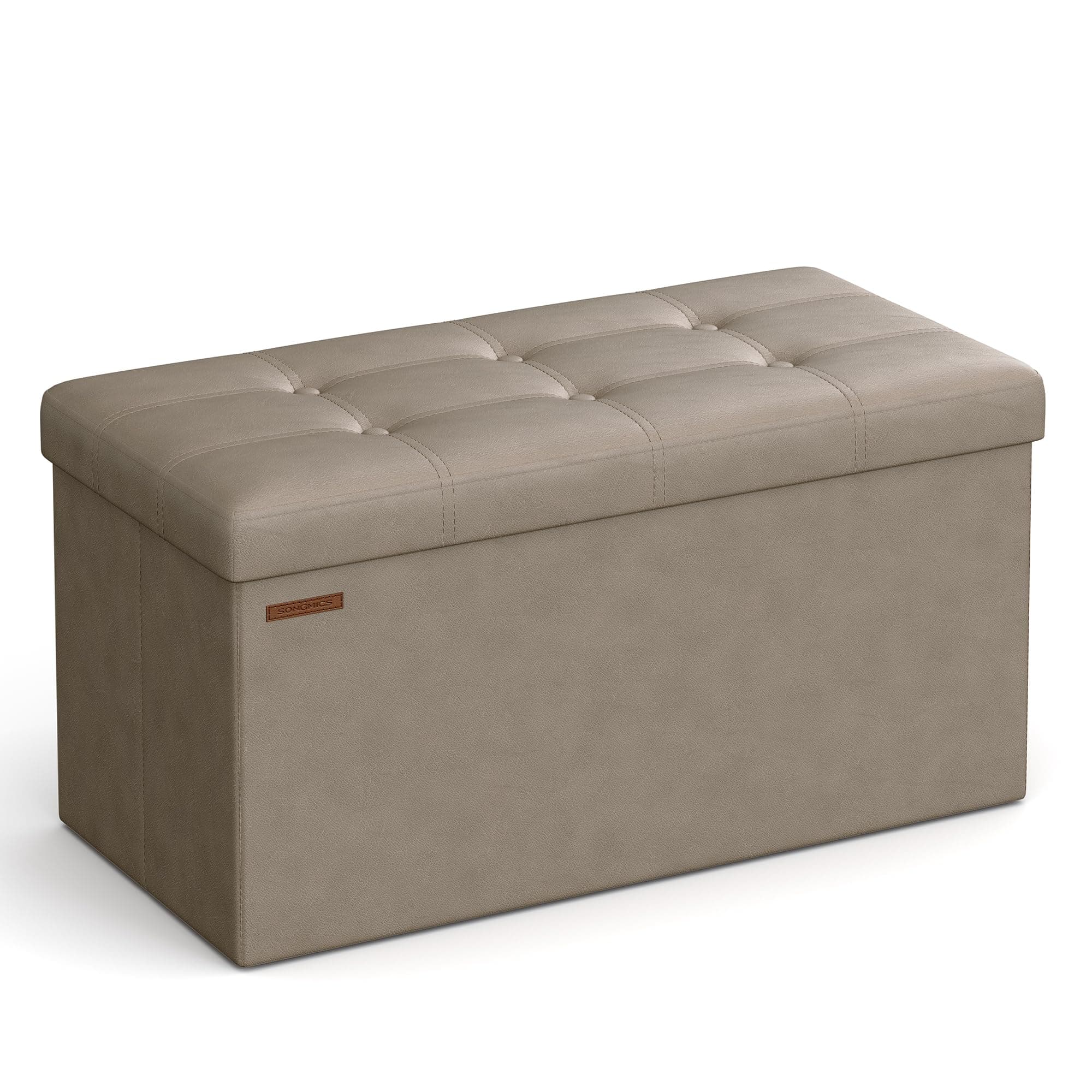 SONGMICS Mazie Collection - 30 Inches Folding Storage Ottoman Bench, Ottoman with Storage, Foot Rest Stool, Load 660 lb, for Living Room, Synthetic Leather, Camel Brown ULSF040R01