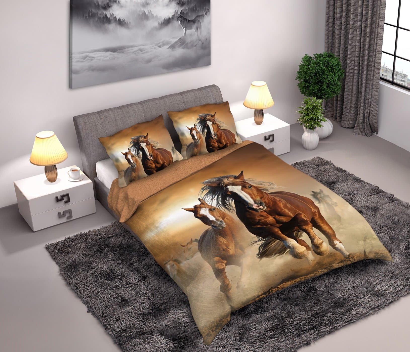 Horses Duvet Cover Bedding Set (+ 2 x Fitted 100% Cotton Percale Bed Linen Ponies Pony