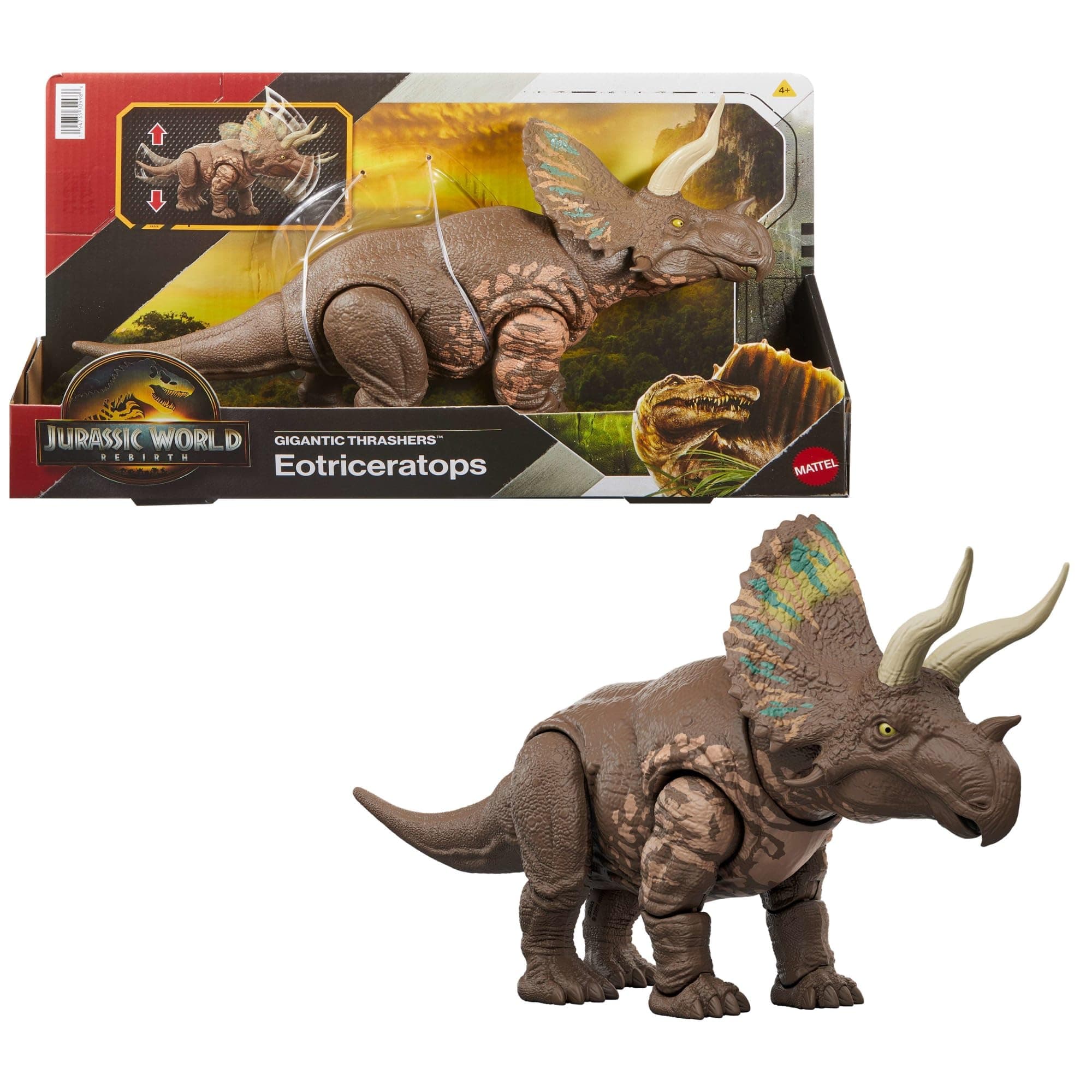 Mattel Jurassic World: Renaissance, Mega Predators Eotriceratops Giant Species Dinosaur Figure, 2 Devastating Hits Activated with its Tail, Virtual Game, JGB93