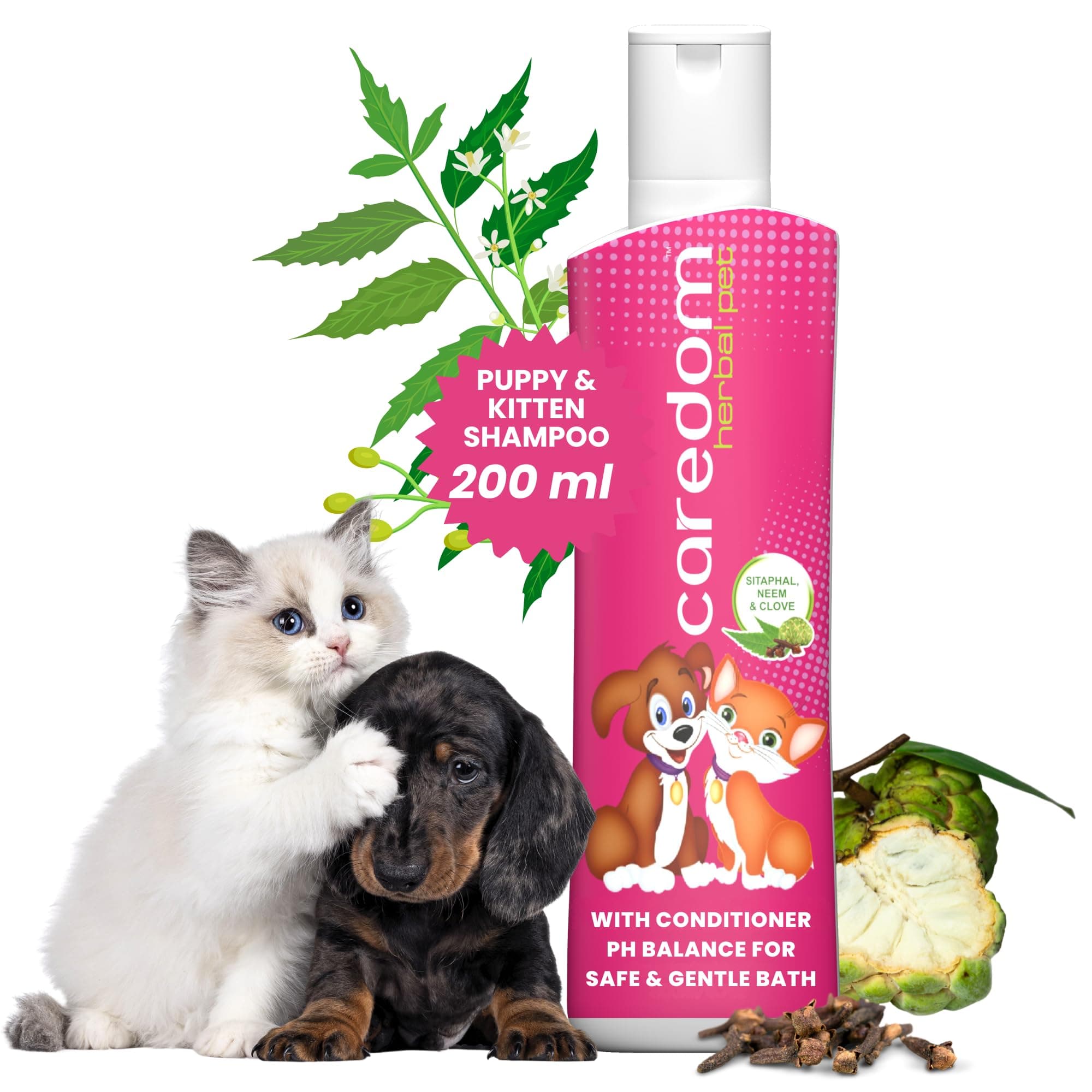 Herbal Pet Shampoo for Puppies & Kittens | Anti Ticks & Fleas Puppy Shampoo & Kitten Shampoo | Anti Itch & Anti Fungal | Allergy Relief with Natural Neem, Sitaphal & Clove Extracts (200ml)