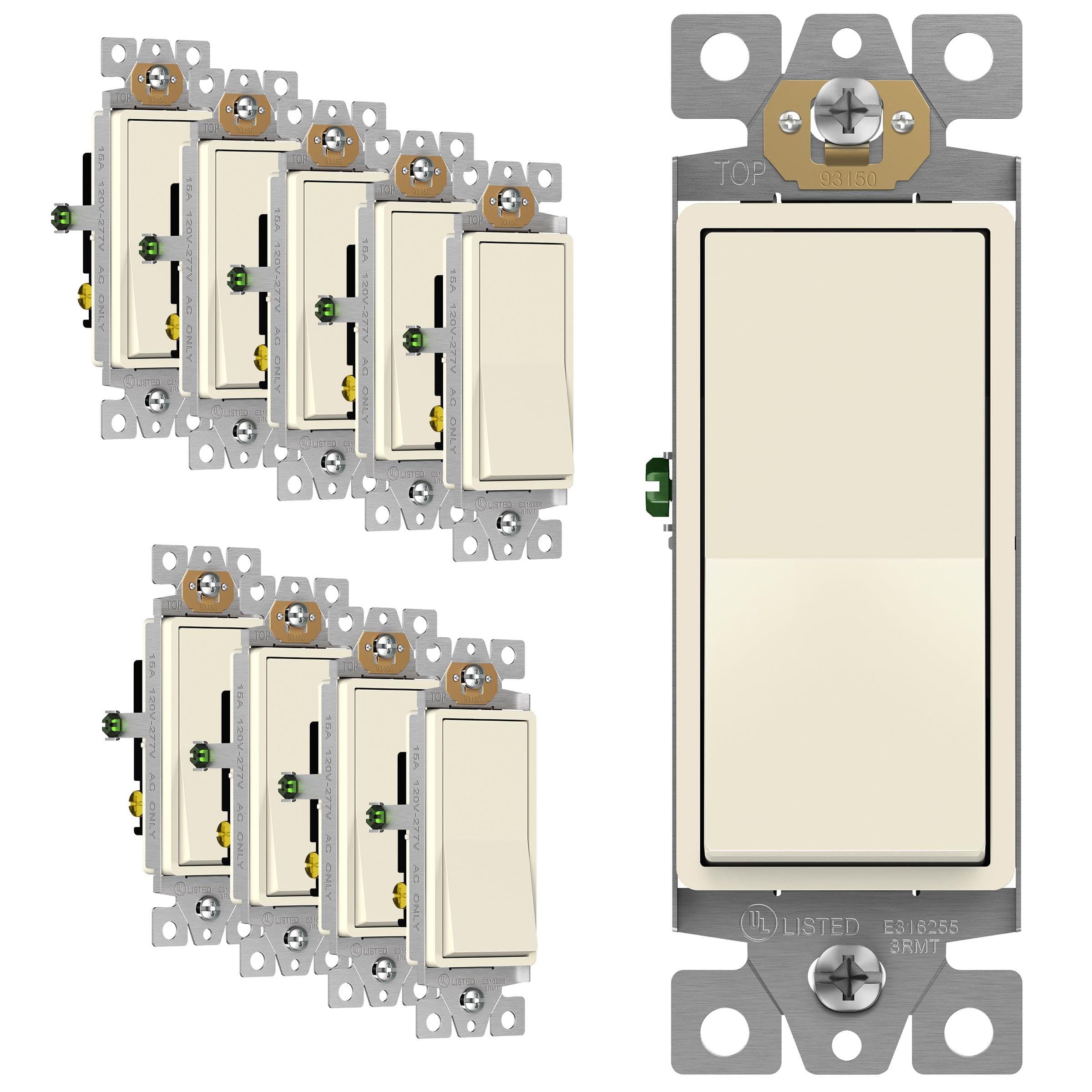 ENERLITES 3-Way Decorator Paddle Light Switch, Gloss Finish, Single Pole or Three Way, 3 Wire, Grounding Screw, Residential Grade, 15A 120V/277V, UL Listed, 93150-LA-10PCS, Light Almond (10 Pack)