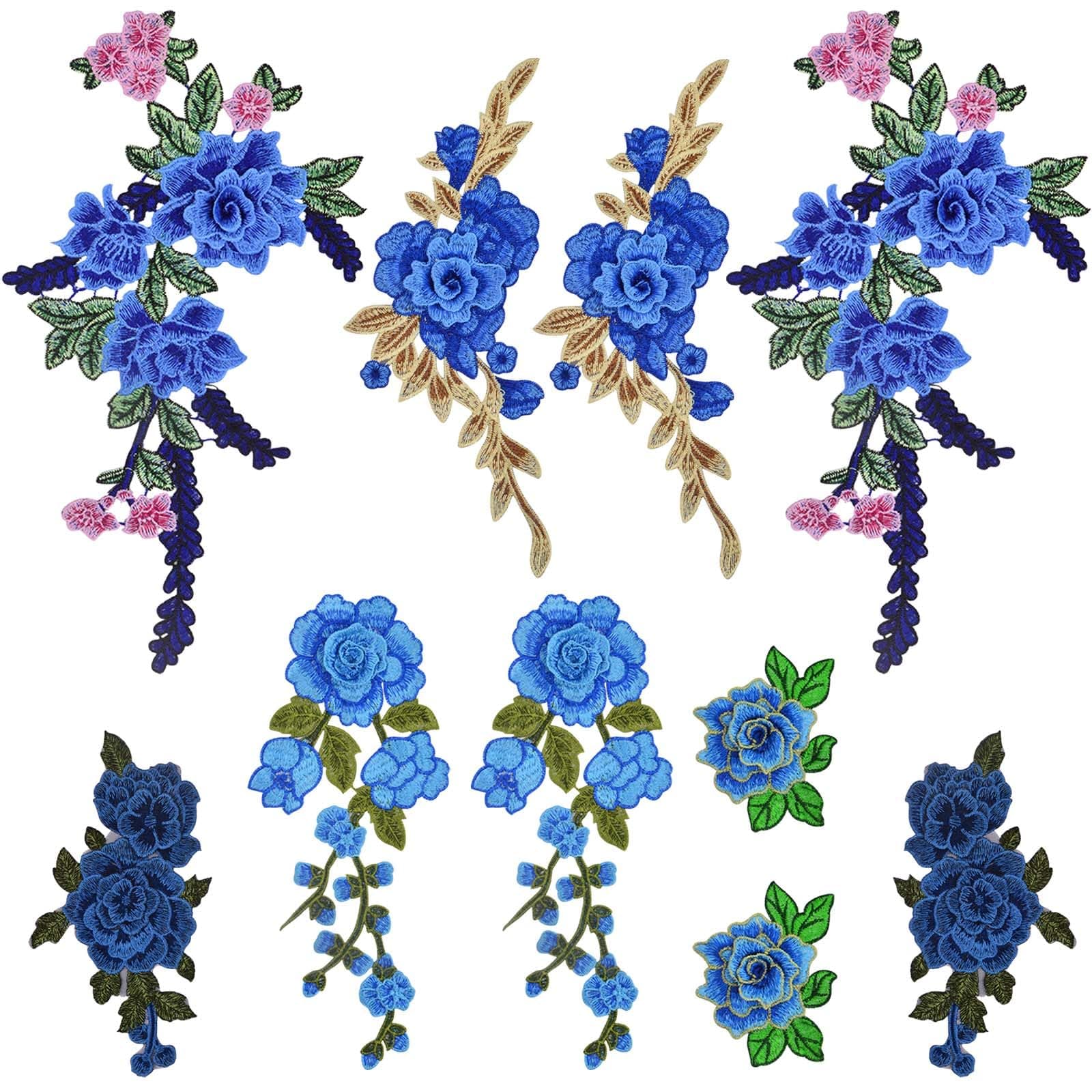 10pcs(5 Pairs) Blue Embroidered Flower Sew On Patches Floral Flower Embroidery Appliques Decorative Patches for DIY Jeans Hat Bag Clothes Sewing Art Crafts, 5 Styles