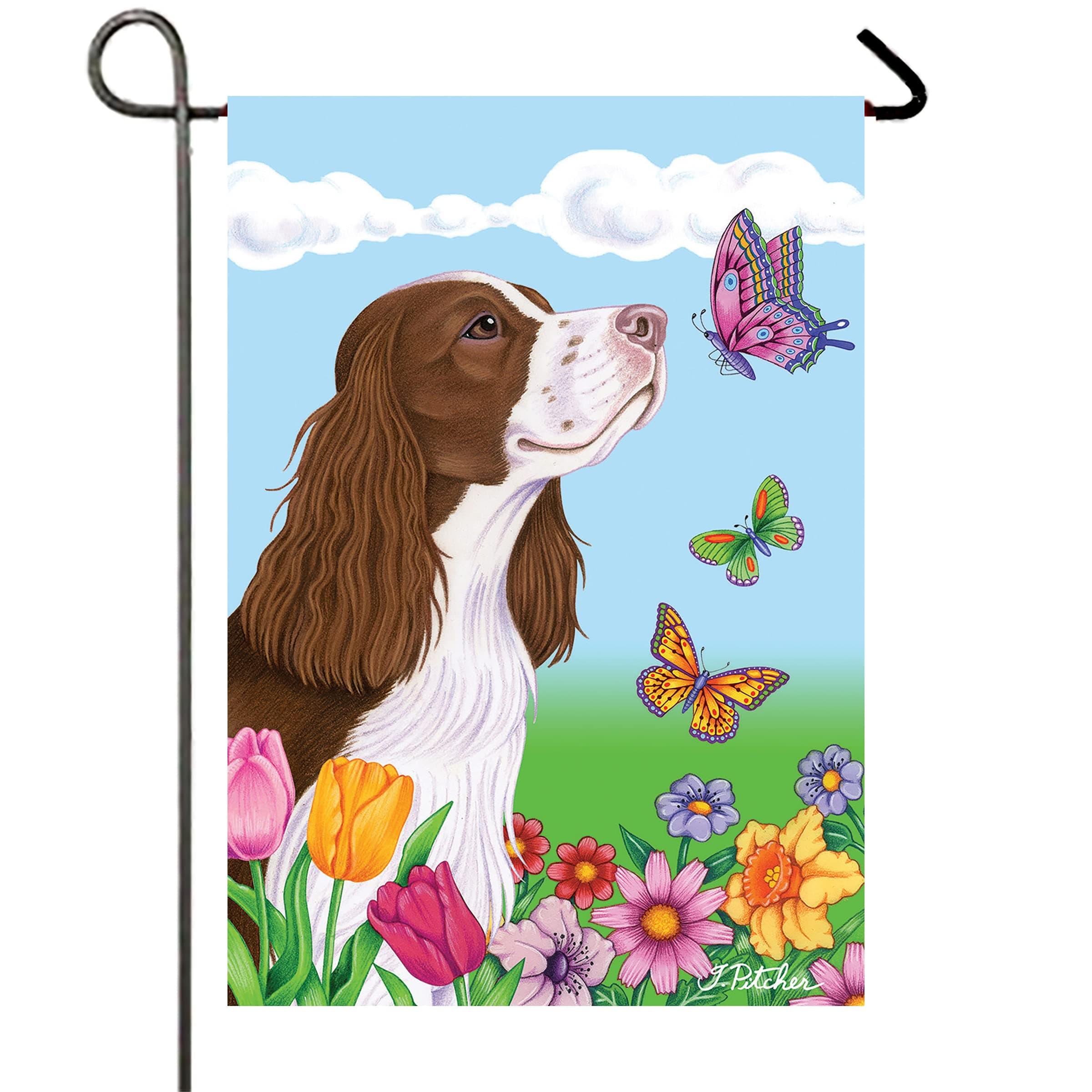 Springer Spaniel Liver/White - Best of Breed Butterfly Garden Flag