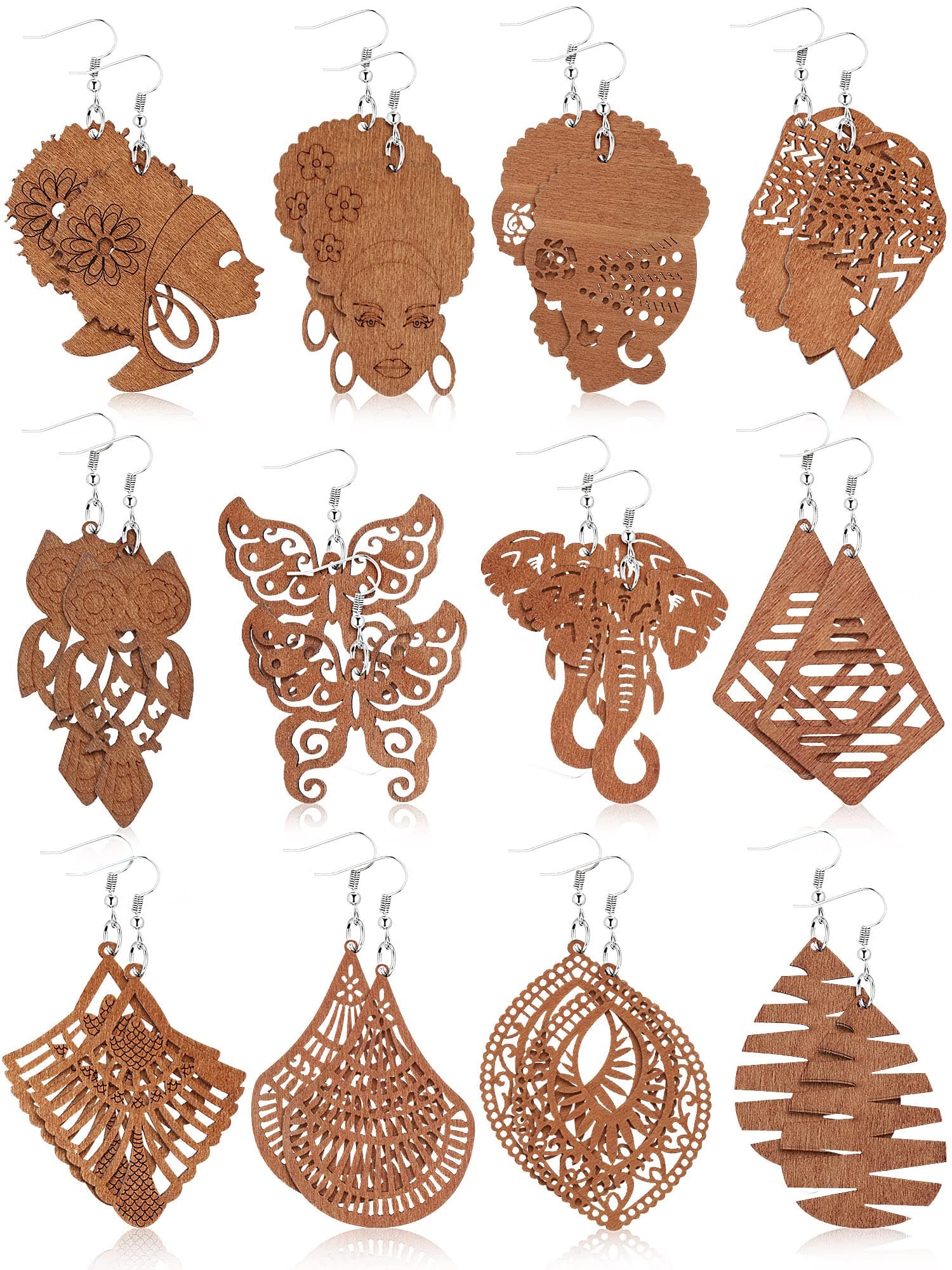 12 Pairs African Earrings Wooden Boho Drop Earrings Bohemian Pendant Dangle Earrings Lightweight Ethnic Style Wood Earrings for Women