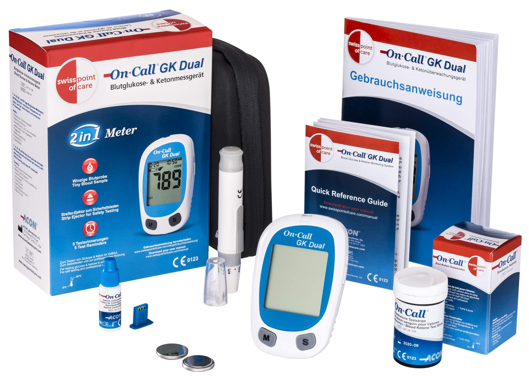 Swiss Point Of Care GK Dual Blood Sugar & Ketones Starter Pack | 1x Measuring Device (MMOL/L), 1x Lancing Device, 100x lancets, 25x Ketone Test Strips | for Accurate Measurement of Blood beta Ketone