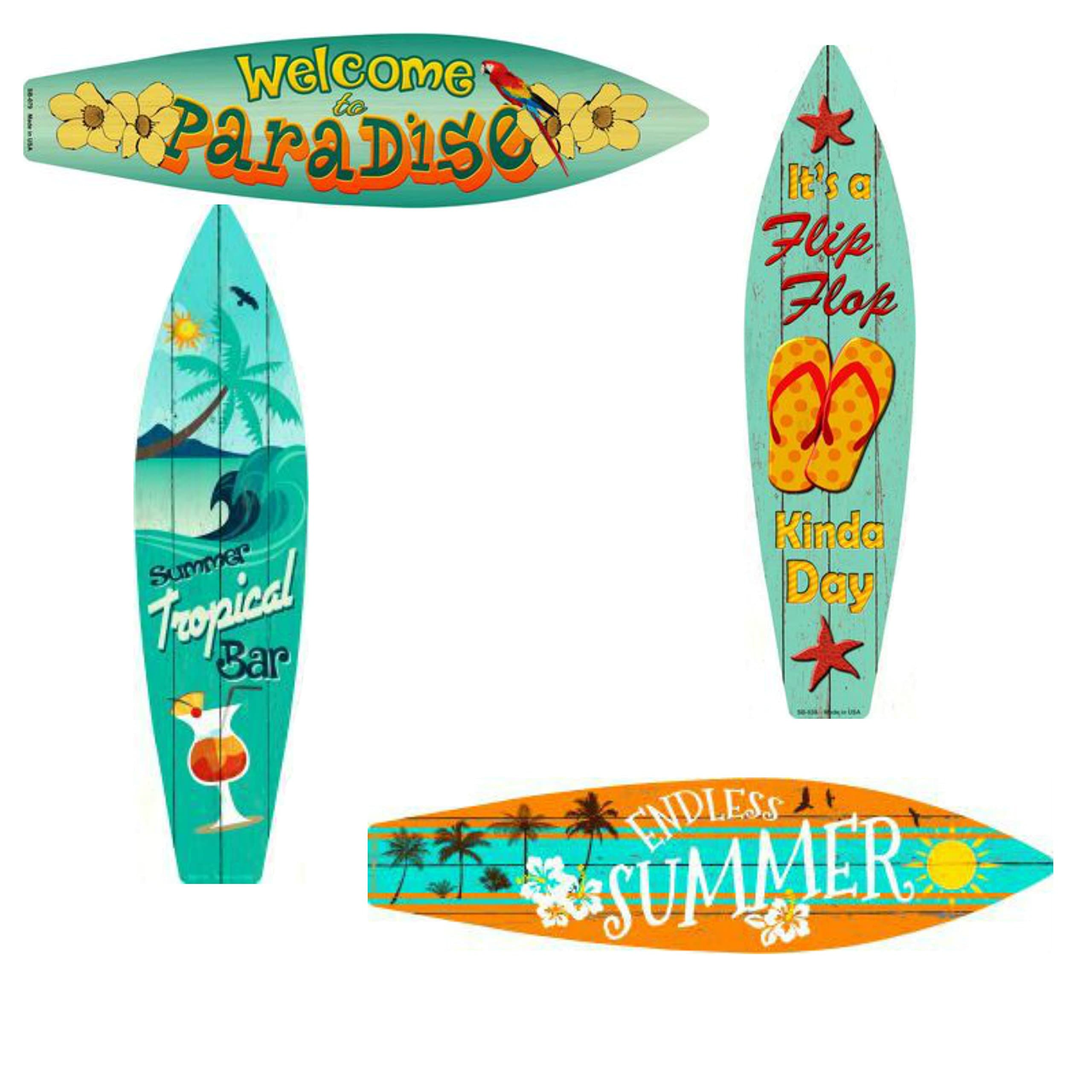 Bundle: Home Decor Metal Surfboard Beach Signs - Welcome To Paradise Sign, Endless Summer Sign, Tropical Bar Sign and Flip Flop Sign