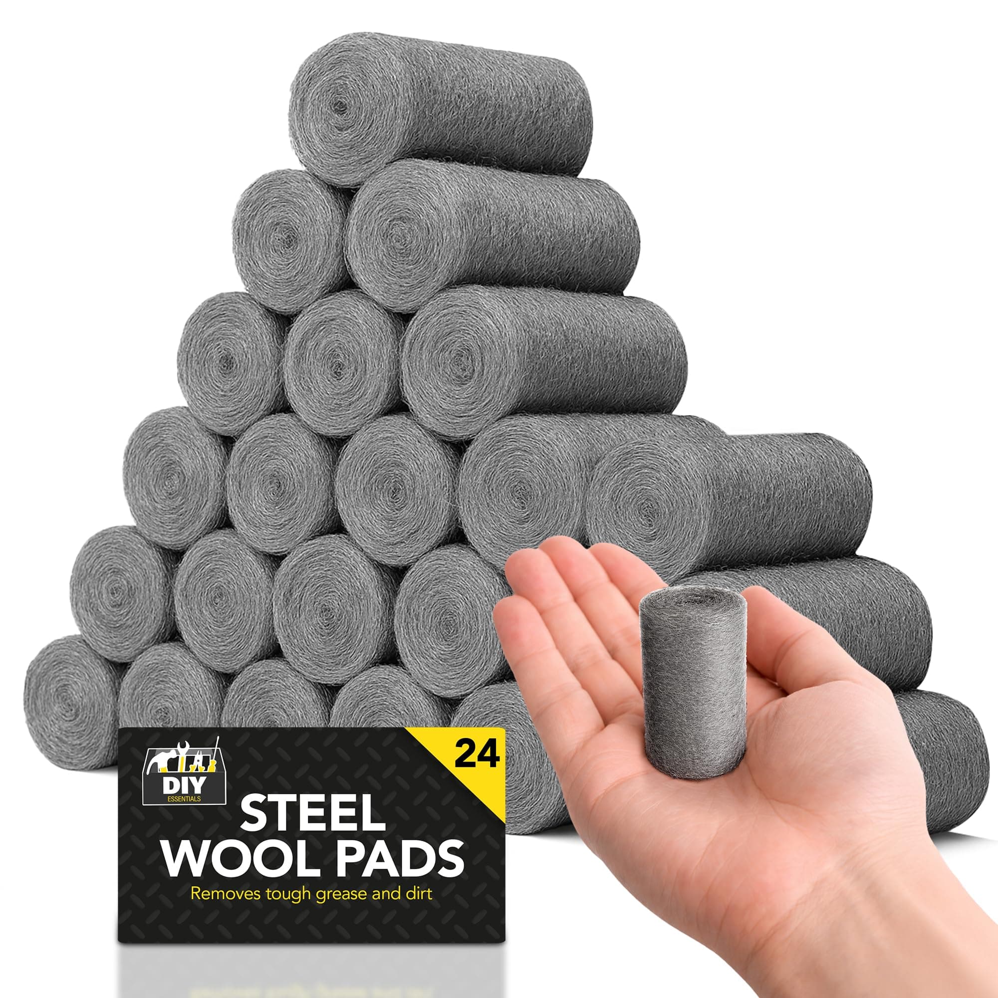 SOL 24pk Steel Wool Pads Wirewool for Cleaning Polishing Buffing Rust Removal Paint Preparation Multipurpose Scourers for Wood Metal Furniture Surface Maintenance DIY Home Workshop Tasks